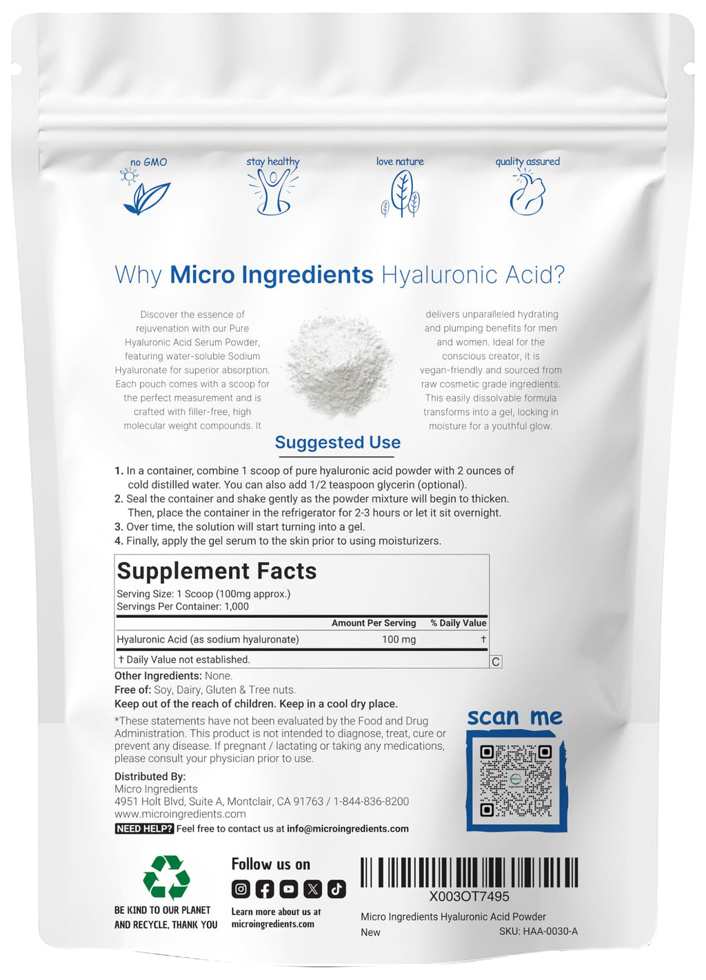 Hyaluronic Acid Serum Powder, 100 Grams | Low Molecular Weight, Cosmetics Grade | Skin Hydration and Moisture Support Supplements | Vegan, Water Soluble (Within 2 Hours)