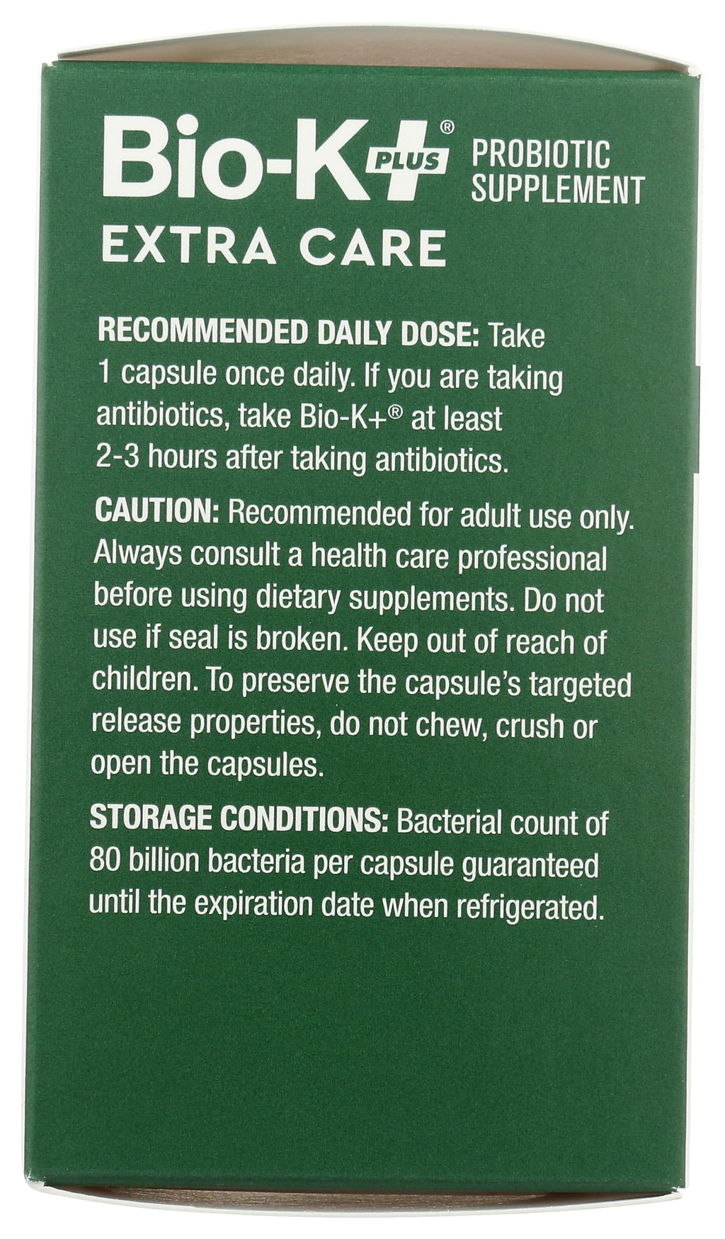 Bio-K + Extra Care Probiotic Supplement Capsules for Adult Men and Women, 80 Billion Active Bacteria, Promotes Immune System Health - Vegan & Gluten-Free Delayed Release, 30 Capules/Box]