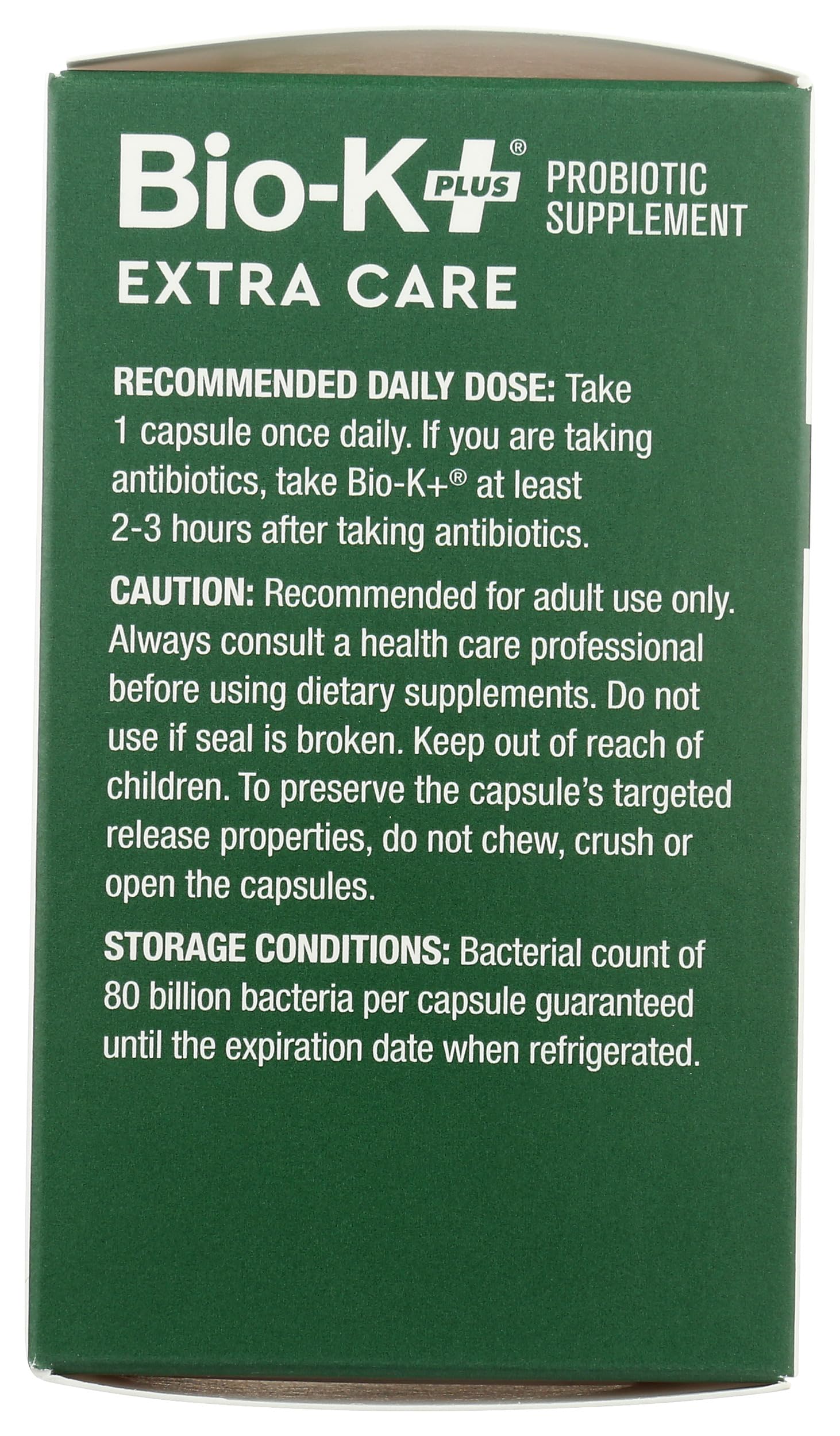 Bio-K + Extra Care Probiotic Supplement Capsules for Adult Men and Women, 80 Billion Active Bacteria, Promotes Immune System Health - Vegan & Gluten-Free Delayed Release, 30 Capules/Box]