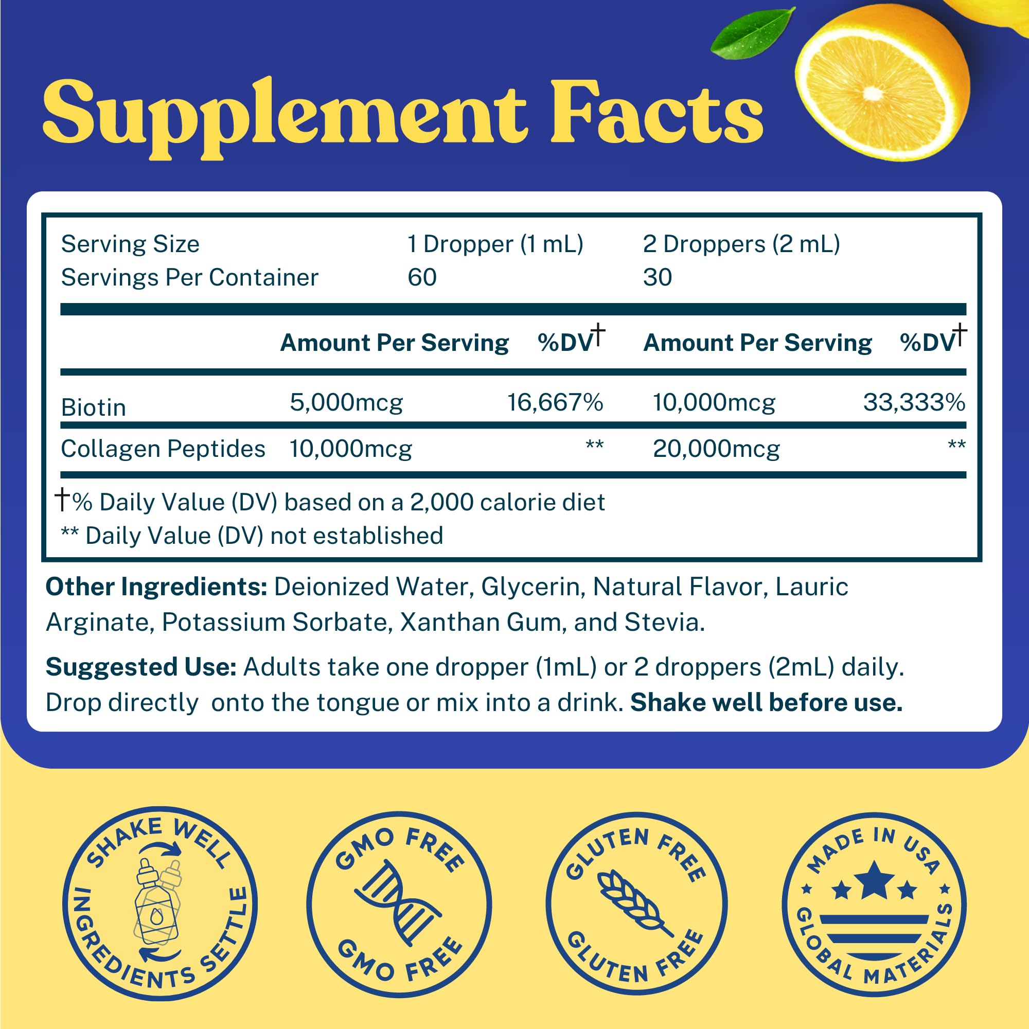 Concentrated Liquid Collagen Peptides Supplement - 30,000mcg Hydrolyzed Liquid Collagen for Women plus Biotin Hair, Skin, Nail Support - Sublingual Drops or Natural Lemon Drink 2x2oz
