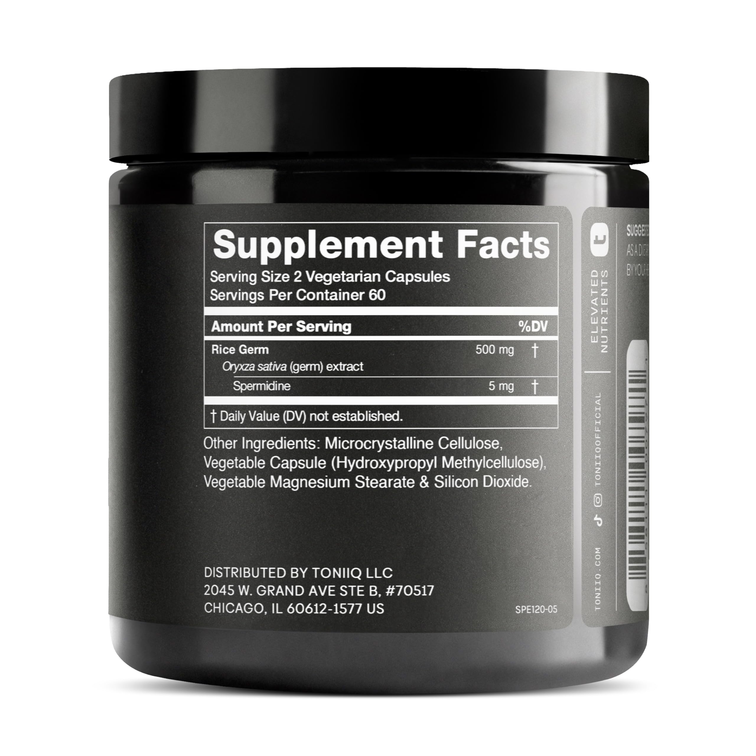 Toniiq Ultra Concentrated 500mg Spermidine Supplements for Men and Women - Non-Synthetic Spermidine Standardized to No Less Than 1% - 5mg per Serving Rice Germ Extract