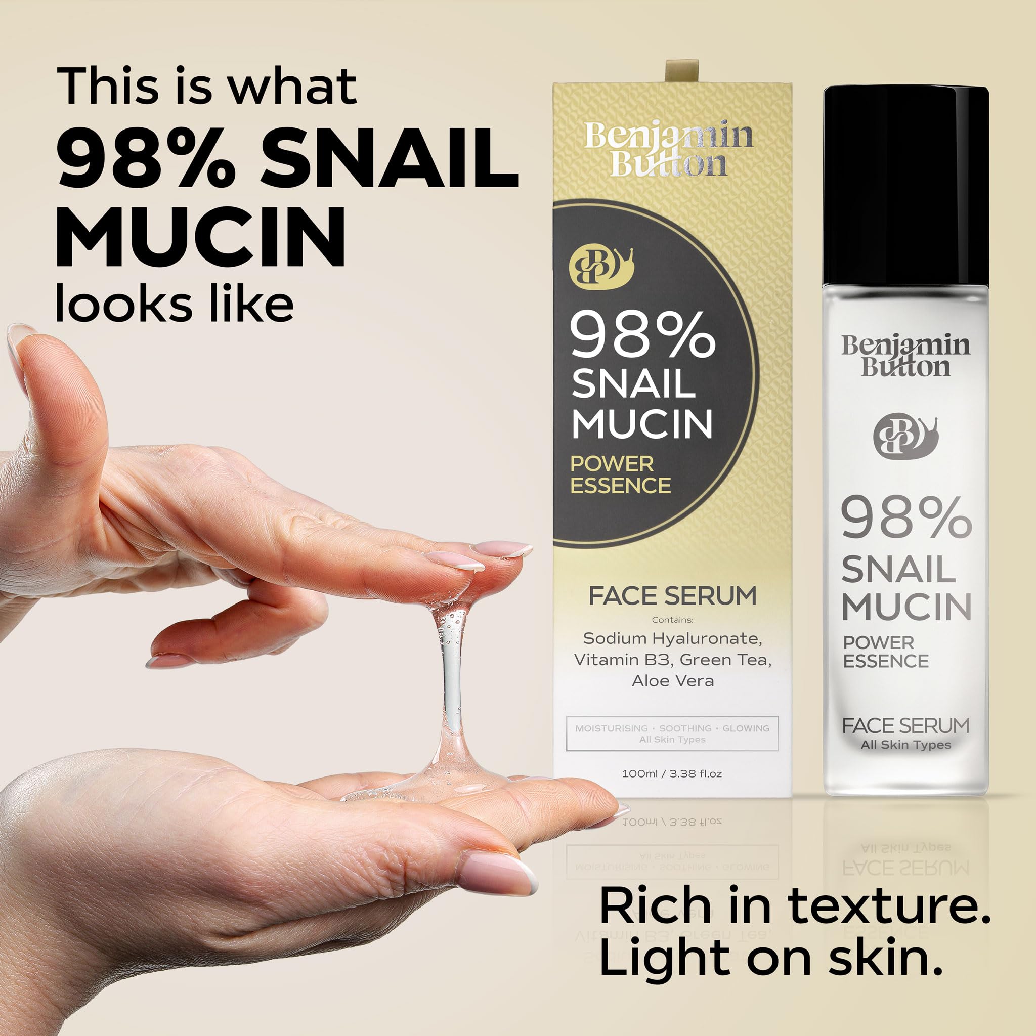 98% Snail Mucin Serum - Benjamin Button® | Hydrating, Anti-Aging, & Brightening with Hyaluronic Acid, Niacinamide, Green Tea, Aloe Vera | Ideal for Sensitive Skin & All Skin Types