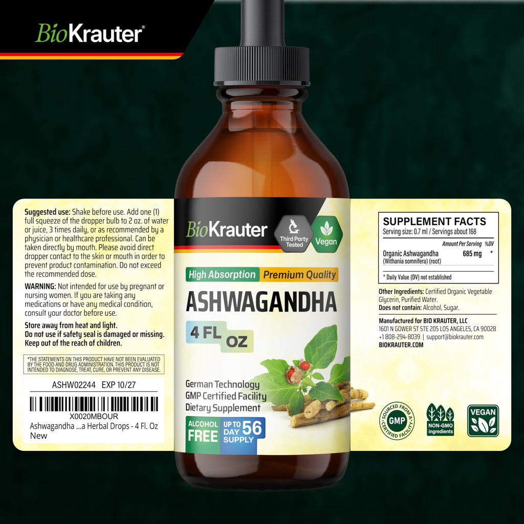 BIO KRAUTER® Ashwagandha Supplements - Liquid Drops Pure Vegan Ashwagandha for Women & Men 685 mg per Serving 4 Fl.Oz 56-Day Supply - Used for Mood Magic & Relaxation Support - Alcohol & Sugar Free