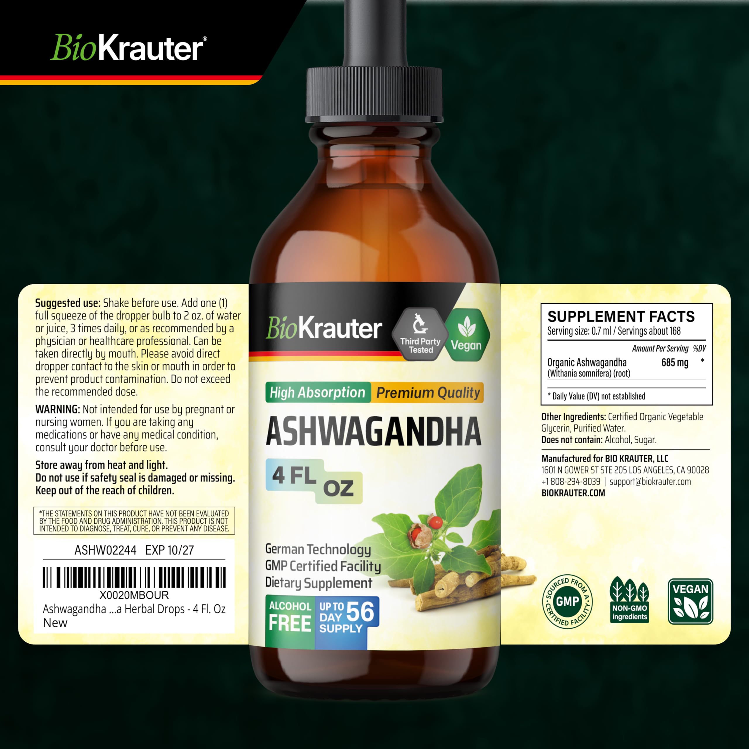 BIO KRAUTER® Ashwagandha Supplements - Liquid Drops Pure Vegan Ashwagandha for Women & Men 685 mg per Serving 4 Fl.Oz 56-Day Supply - Used for Mood Magic & Relaxation Support - Alcohol & Sugar Free