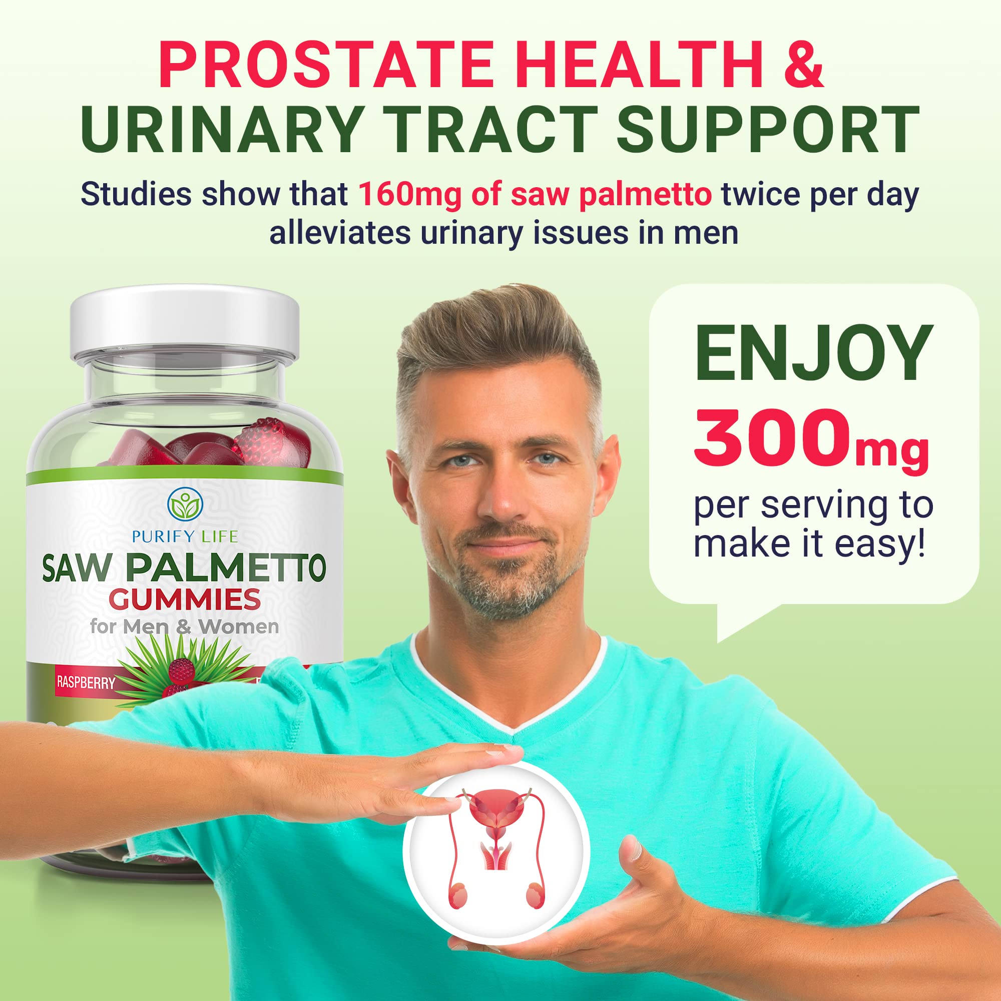 Purify Life Saw Palmetto Gummies for Men & Women - Saw Palmetto Extract Supplement for Hair Growth, Hormone Balance & Prostate Health - Vegan, Pectin Formula, Non-GMO, Gluten Free - 60ct
