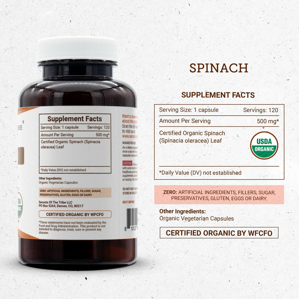 Secrets of the Tribe Spinach USDA Organic | Made with Vegetarian Capsules and Certified Organic Spinach (Spinacia oleracea) Dried Leaf (120 Capsules)
