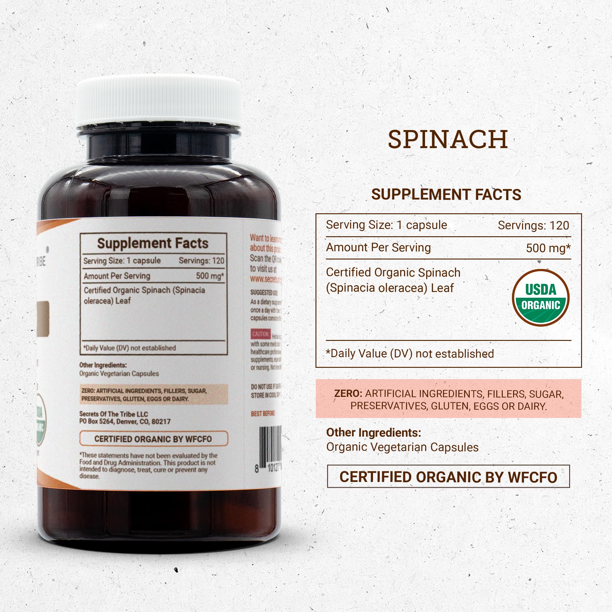 Secrets of the Tribe Spinach USDA Organic | Made with Vegetarian Capsules and Certified Organic Spinach (Spinacia oleracea) Dried Leaf (120 Capsules)