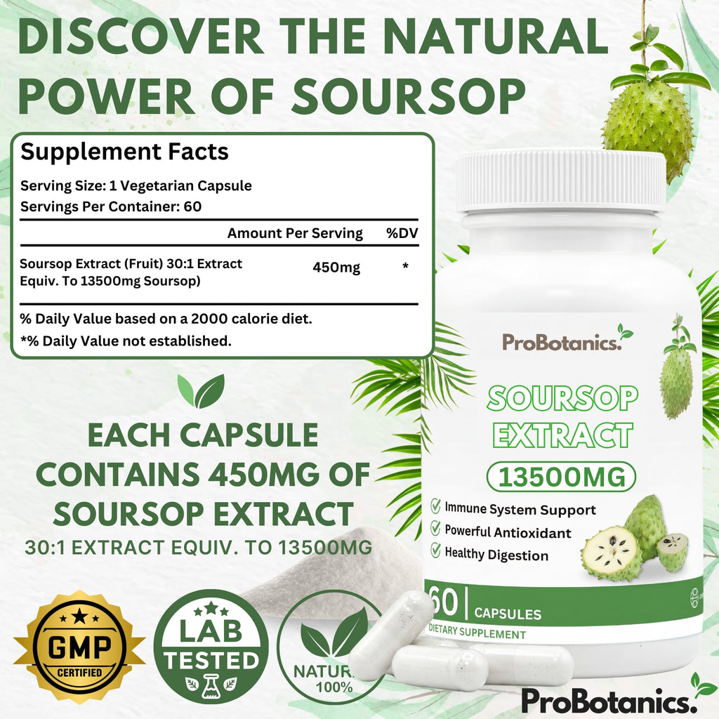 ProBotanics Organic Soursop for Cell Support & Regeneration | High Strength 450mg 30:1 Extract Equiv. to 13500mg Extract Per Serving | Powerful Antioxidant and Immune Support - 60 Capsules