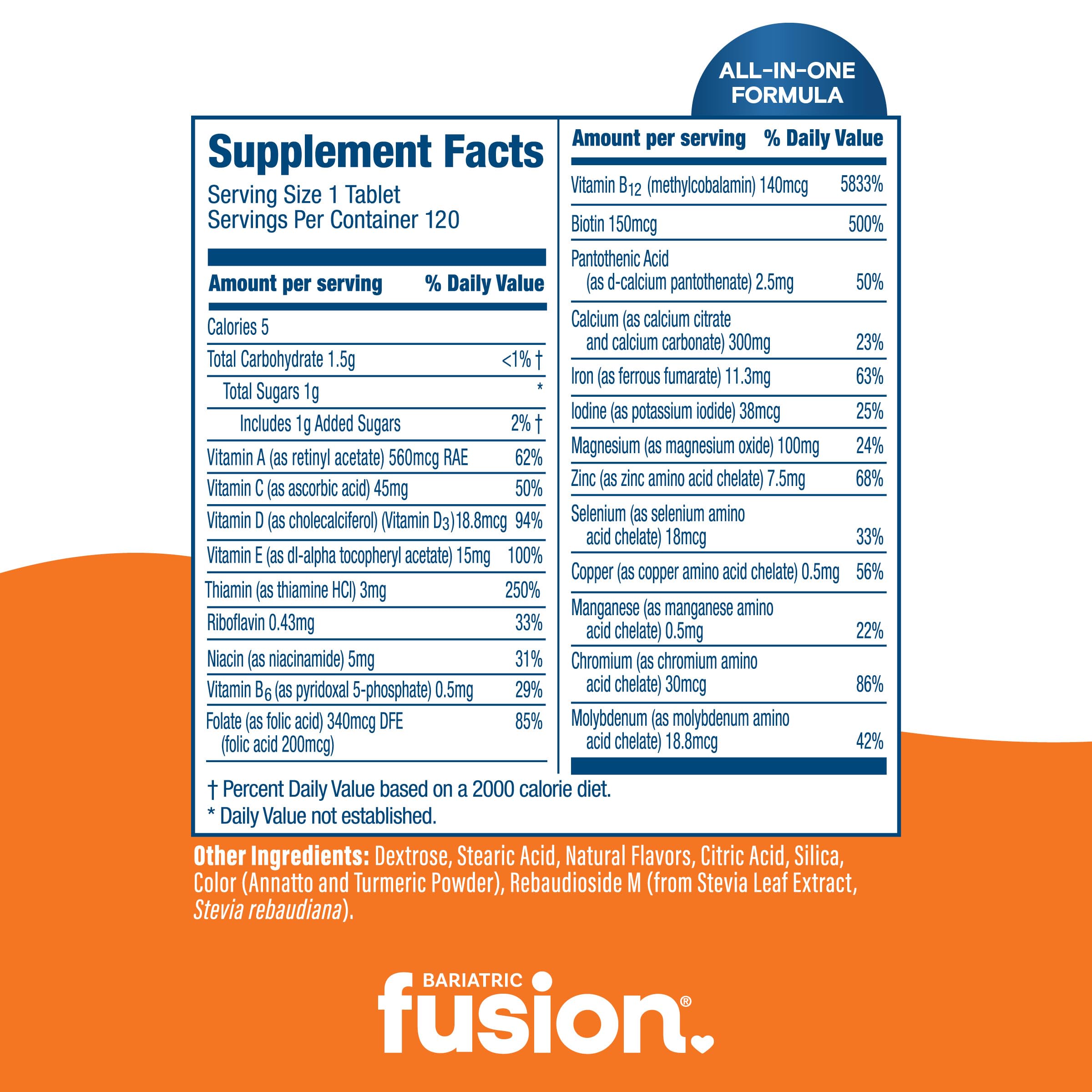 Bariatric Fusion Orange Cream Flavored Complete Chewable Bariatric Multivitamin with Iron for Bariatric Surgery Patients Including Gastric Bypass and Sleeve Gastrectomy - 120 Tablets