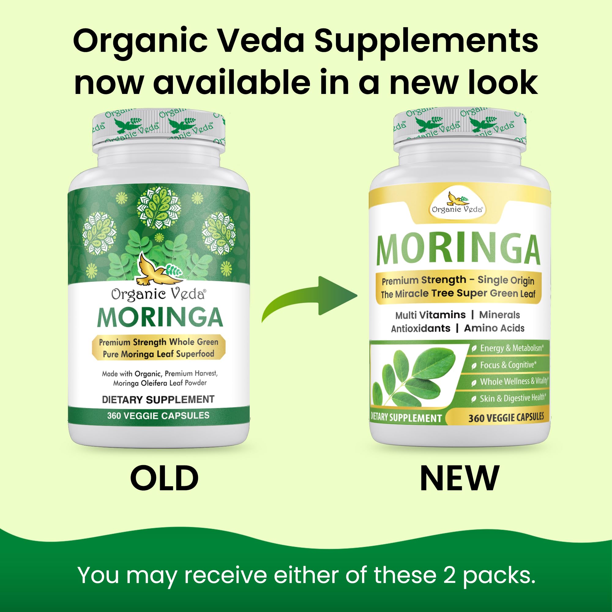 Organic Veda Moringa Capsule 1000mg, 6 Months Supply - True Green Pure Organic Moringa Leaf Superfood - Vitamins & Antioxidants Rich Powder, Energy, Digestion, Brain & Skin Health - 360 Vegan Capsule