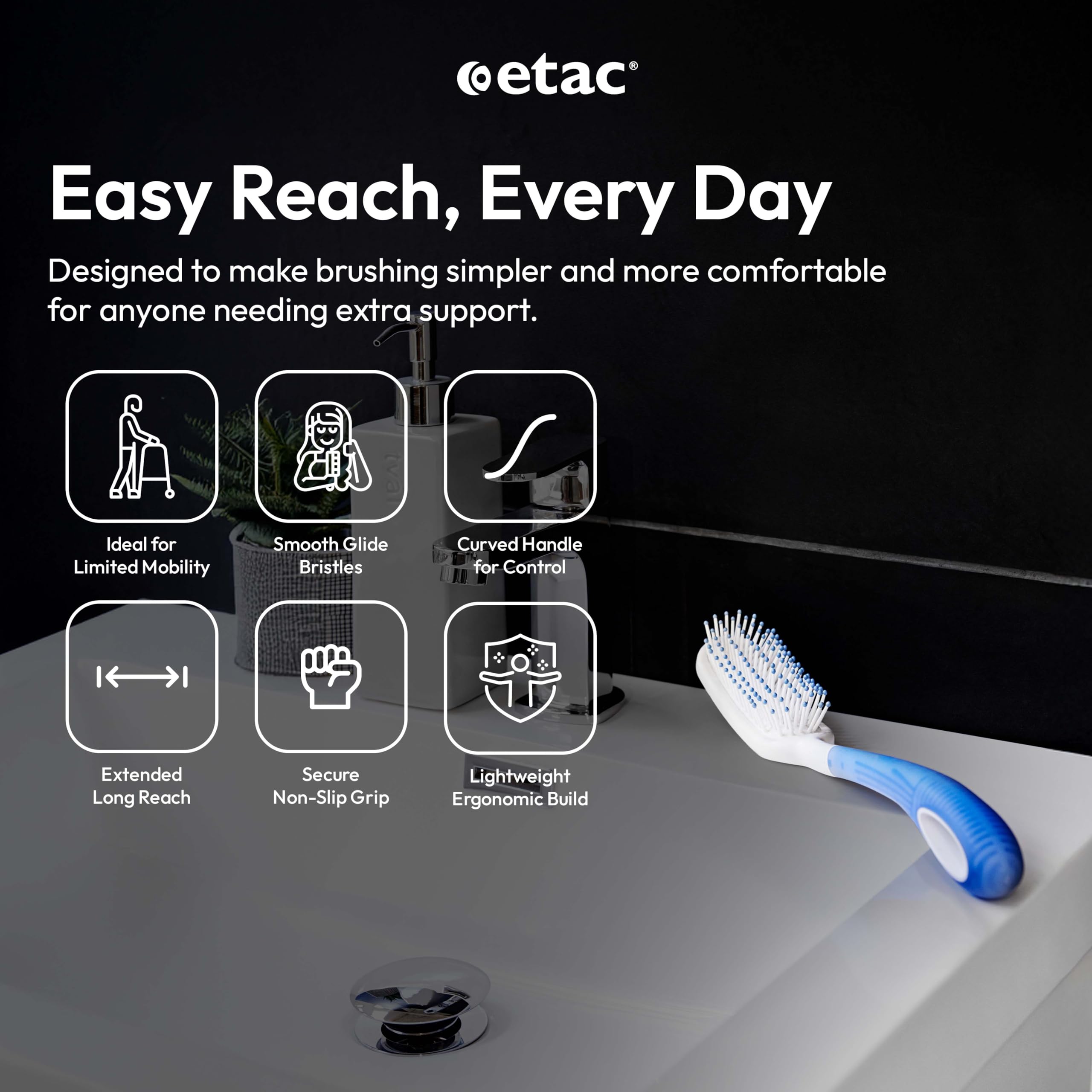 Etac Beauty Hairbrush – Long Handle Hair Brush with Curved Grip for Comfort & Control, Ergonomic Non-Slip Handle, Adaptive Equipment for Easy Hair Brushing – Long Handled Brush (14.5 inches)