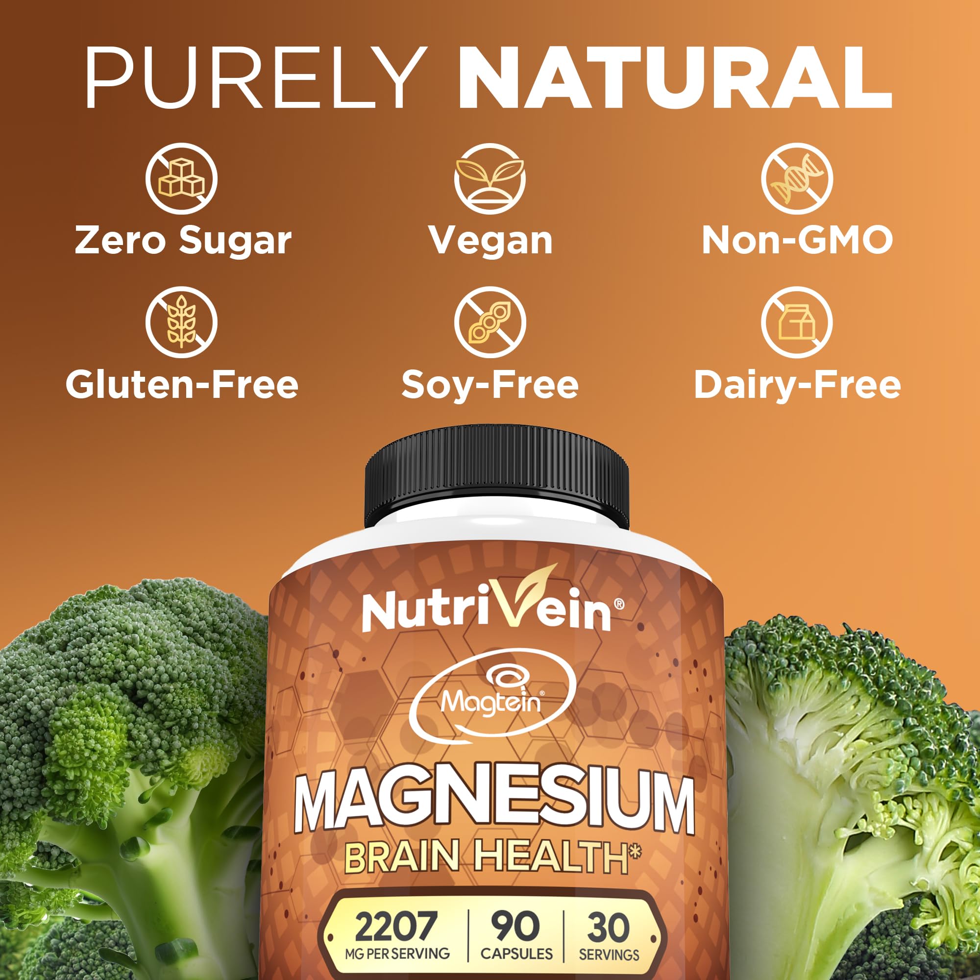 Nutrivein Premium Magtein Magnesium L-Threonate Supplement 2207 mg - 90 Caps (3 a Day): High-Absorption Magnesium Threonate for Brain, Sleep, Mood & Recovery