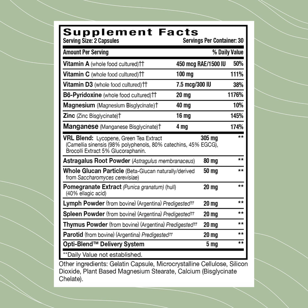 Optimal Health Systems Immune VRL | 7 Vitamin + 12 Nutrient Blend | Pomegranate Extract, Astragalus, Brocolli | Spleen, Thymus, Lymph, Tonsil & Parotid Support | 60 Capsules