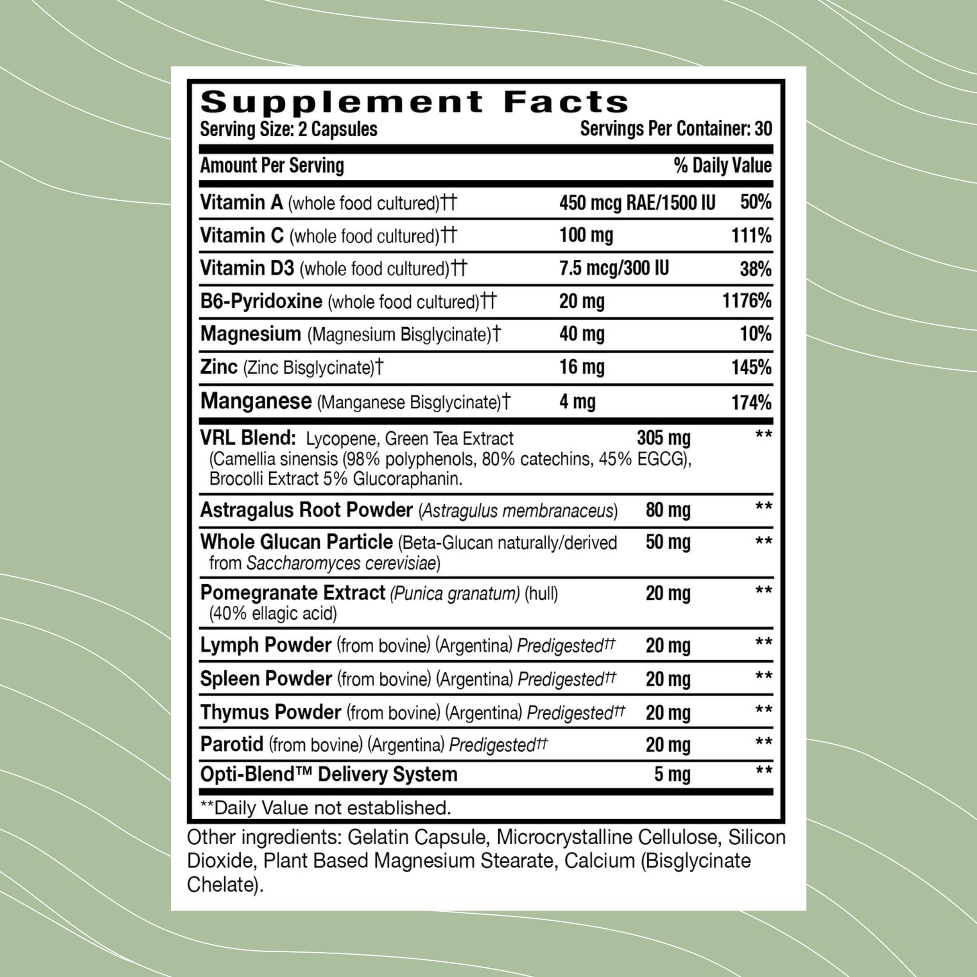 Optimal Health Systems Immune VRL | 7 Vitamin + 12 Nutrient Blend | Pomegranate Extract, Astragalus, Brocolli | Spleen, Thymus, Lymph, Tonsil & Parotid Support | 60 Capsules