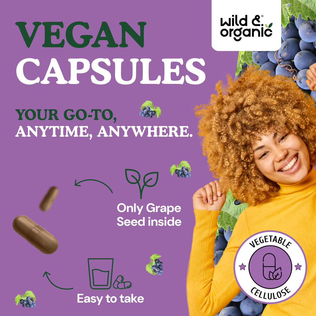 Wild & Organic Grape Seed Extract Capsules - Antioxidant Support - Grapeseed Extract 400 mg - 95% Polyphenols - 180 Vegan Capsules - 6 Month Supply - Non-GMO