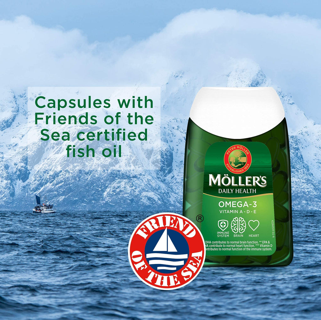 Moller?s ® | Omega 3 Kapseln | Fischöl | Skandinavische Omega-3 Nahrungsergänzungsmittel mit EPA, DHA, Vitamin A, D und E | 166 Jahre alte Marke | Gesundheit für jeden Tag | 112 Kapseln