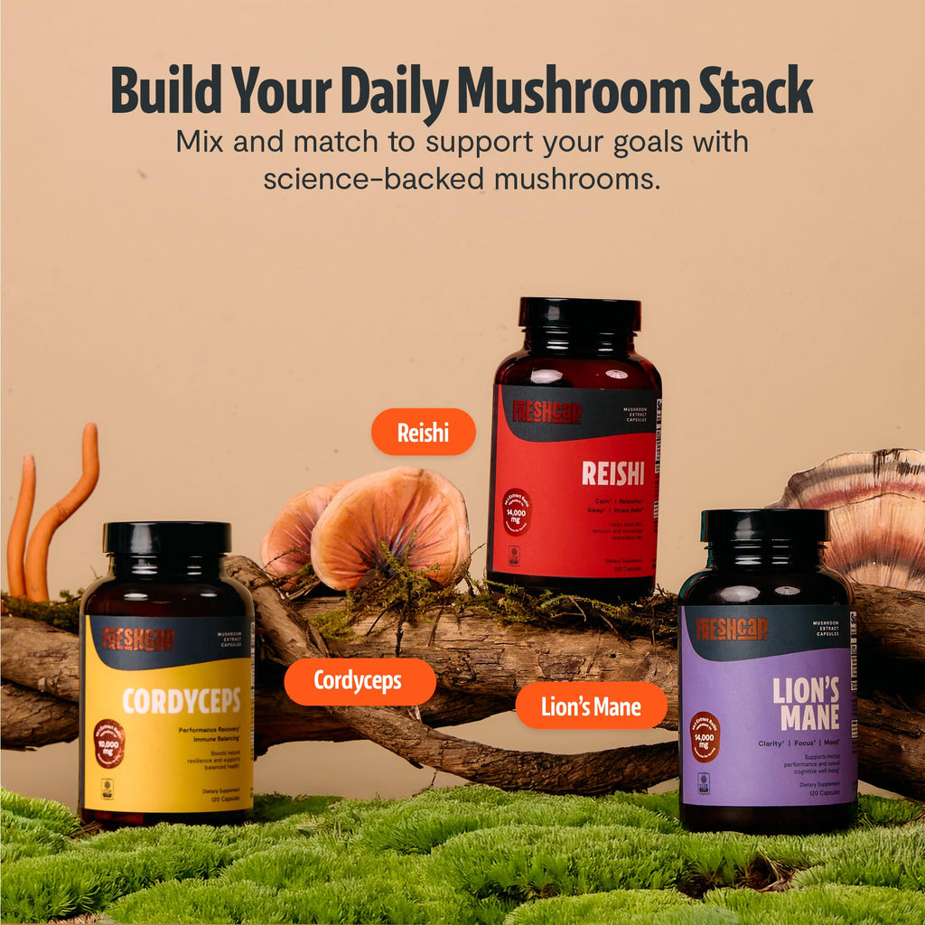 FreshCap Mushrooms Ayurvedic Premium Organic Reishi Capsules - 14:1 Fruiting Body Extract with 27% Beta-Glucans - 3rd-Party Tested Nootropic for Calm, Balance and Stress Support (120 Capsules)