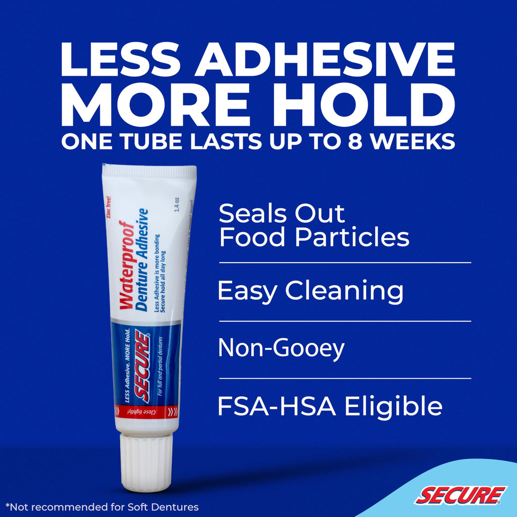 Secure Denture Adhesive Cream for Uppers, Lowers & Partials – Waterproof Seal & Zinc Free – Food Grade Ingredients - Less Adhesive, More Hold - Tube Lasts Up to 8 Weeks - 1.4 Oz (4 Pack)