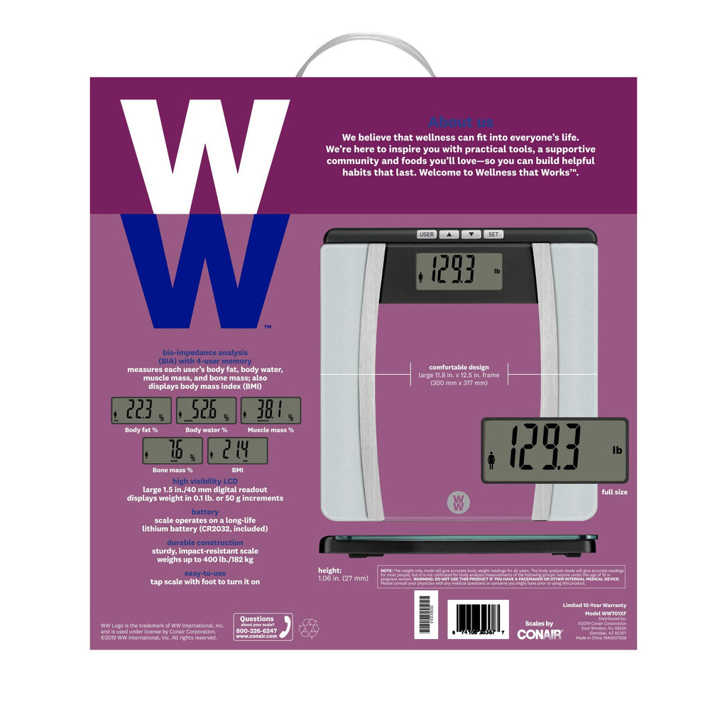 Weight Watchers Scales by Conair Scale for Body Weight | Digital Bathroom Scale with Body Fat, Muscle and BMI in Large Display Black