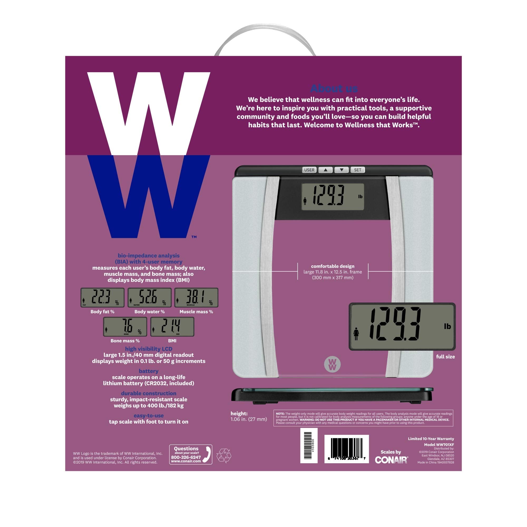Weight Watchers Scales by Conair Scale for Body Weight | Digital Bathroom Scale with Body Fat, Muscle and BMI in Large Display Black