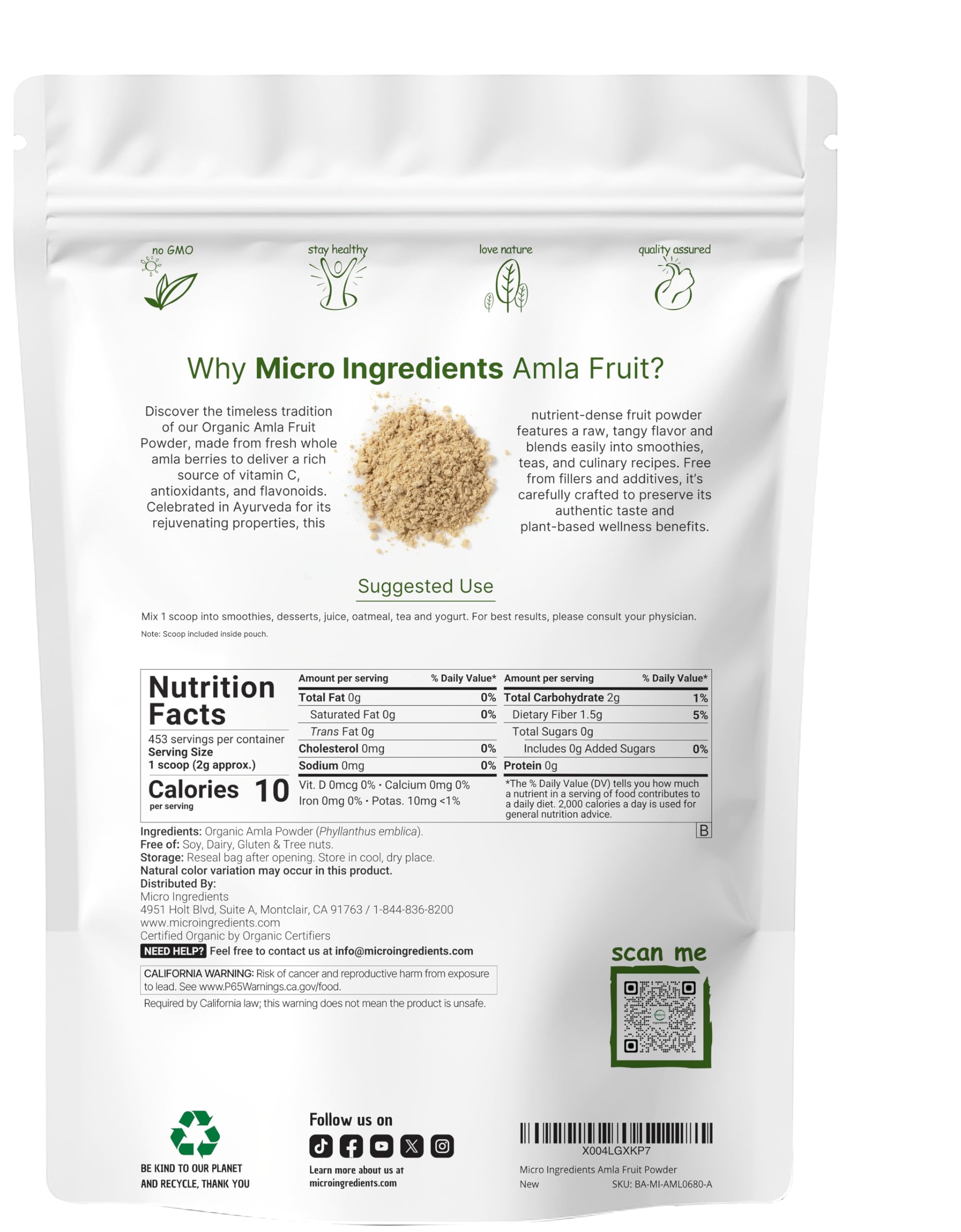 Micro Ingredients Organic Amla Powder (Amalaki) | 32oz, India Origin Gooseberry Powder | Rich in Vitamin C, Antioxidants, Supports Immune, Digestive & Skin Health, Non-GMO, Vegan & Keto Friendly