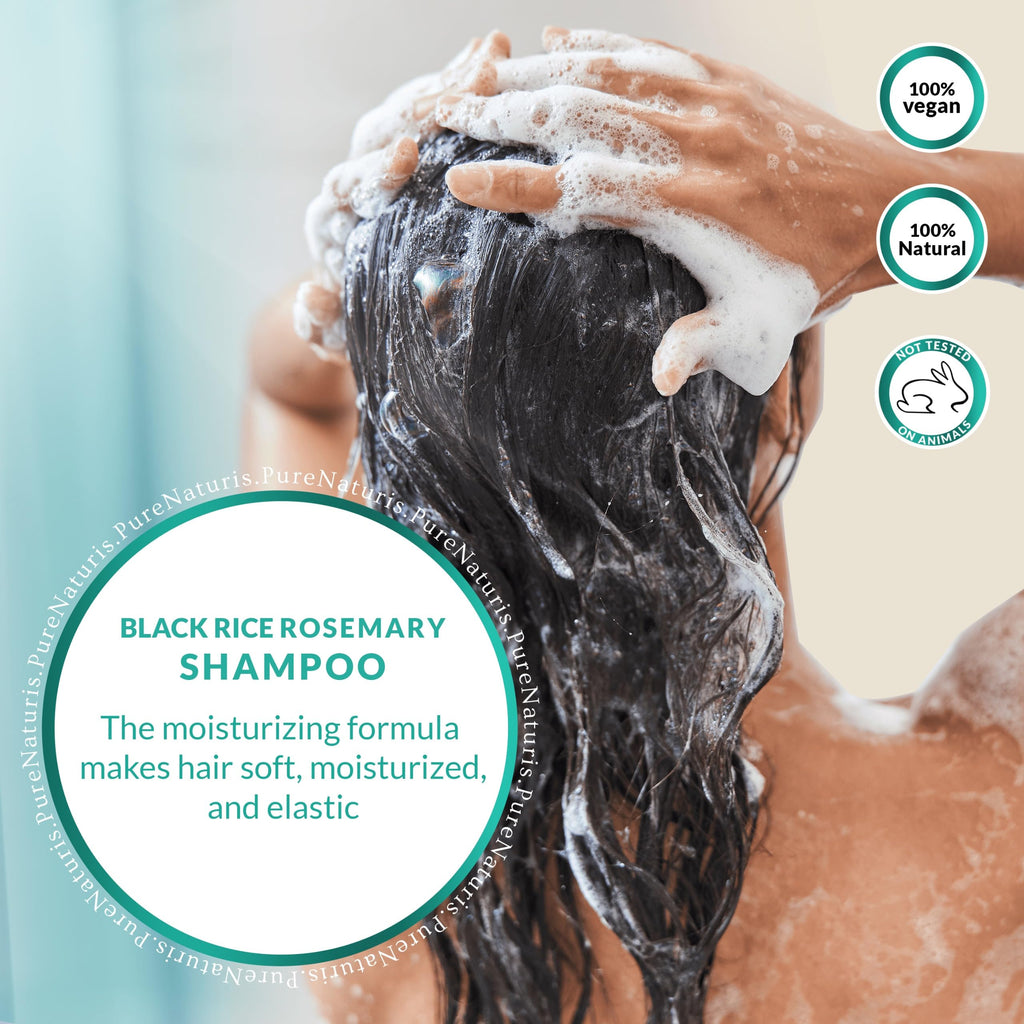 PureNaturis Organic Rosemary Black Rice Water Shampoo Conditioner Set for Hair Growth, Rice Water Spray, w/Rosemary Water, Biotin, Caffeine, Routine Shampoo for Women Men Hair Loss Thickening, Longer