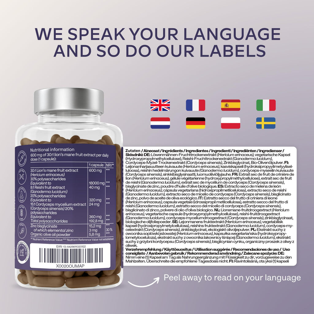 Lions Mane Supplement-18,000mg (30:1 Extract)+Zinc, Reishi & Cordyceps-3 Mushrooms Herbal supplements -Nootropic Complex Lion's Mane Mushroom Supplement-120 Lion's Mane Capsules(Not Lions Mane Powder)