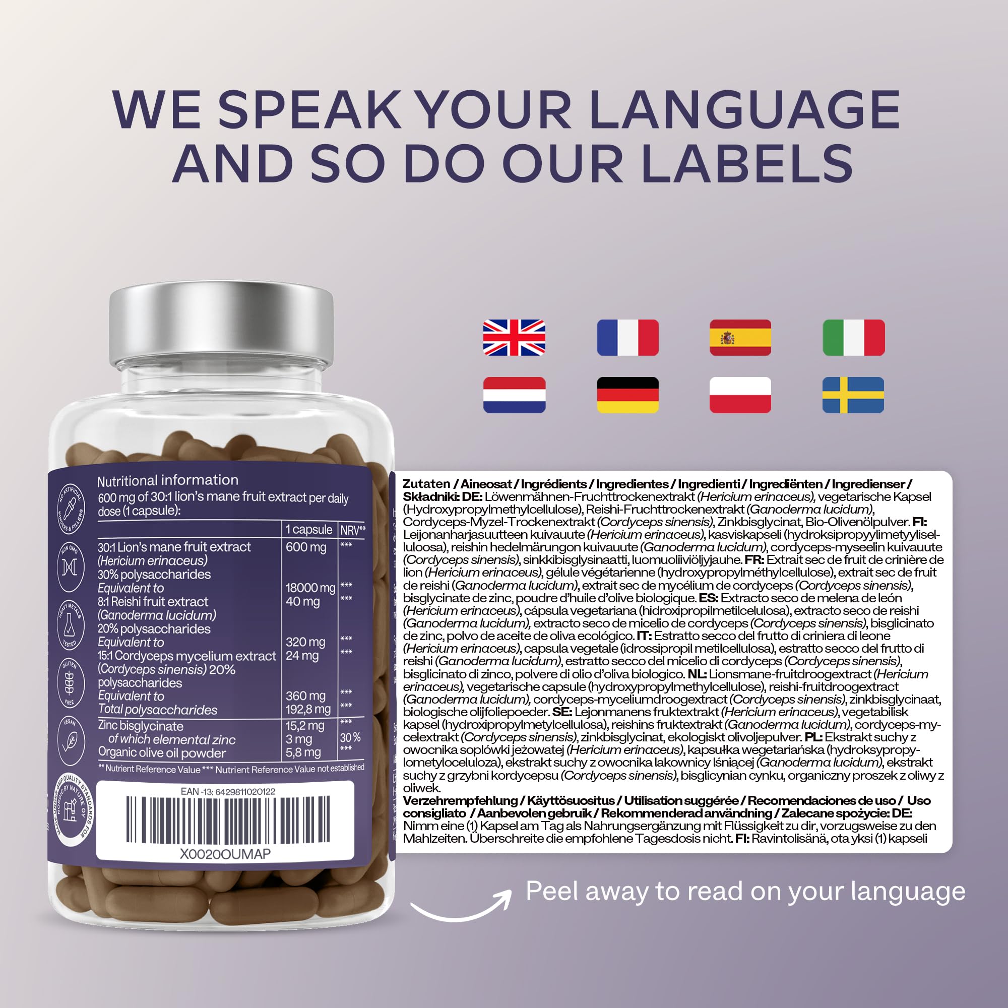 Lions Mane Supplement-18,000mg (30:1 Extract)+Zinc, Reishi & Cordyceps-3 Mushrooms Herbal supplements -Nootropic Complex Lion's Mane Mushroom Supplement-120 Lion's Mane Capsules(Not Lions Mane Powder)