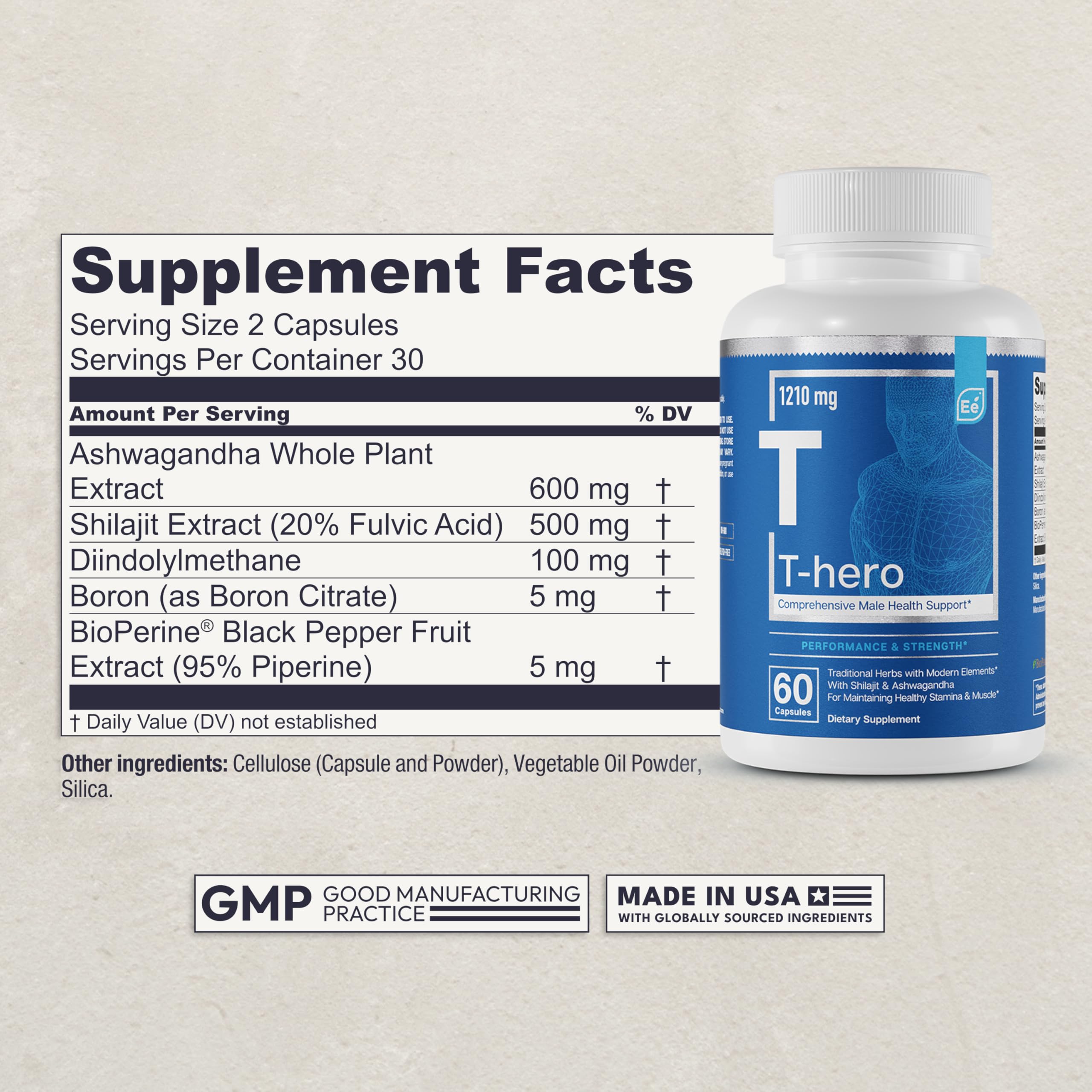 Essential Elements T-Hero - Daily Testosterone Support for Men - Promotes Vitality & Drive - with Ashwagandha, Shilajit, Boron, DIM - 60 Count - 30 Servings (2-Pack)