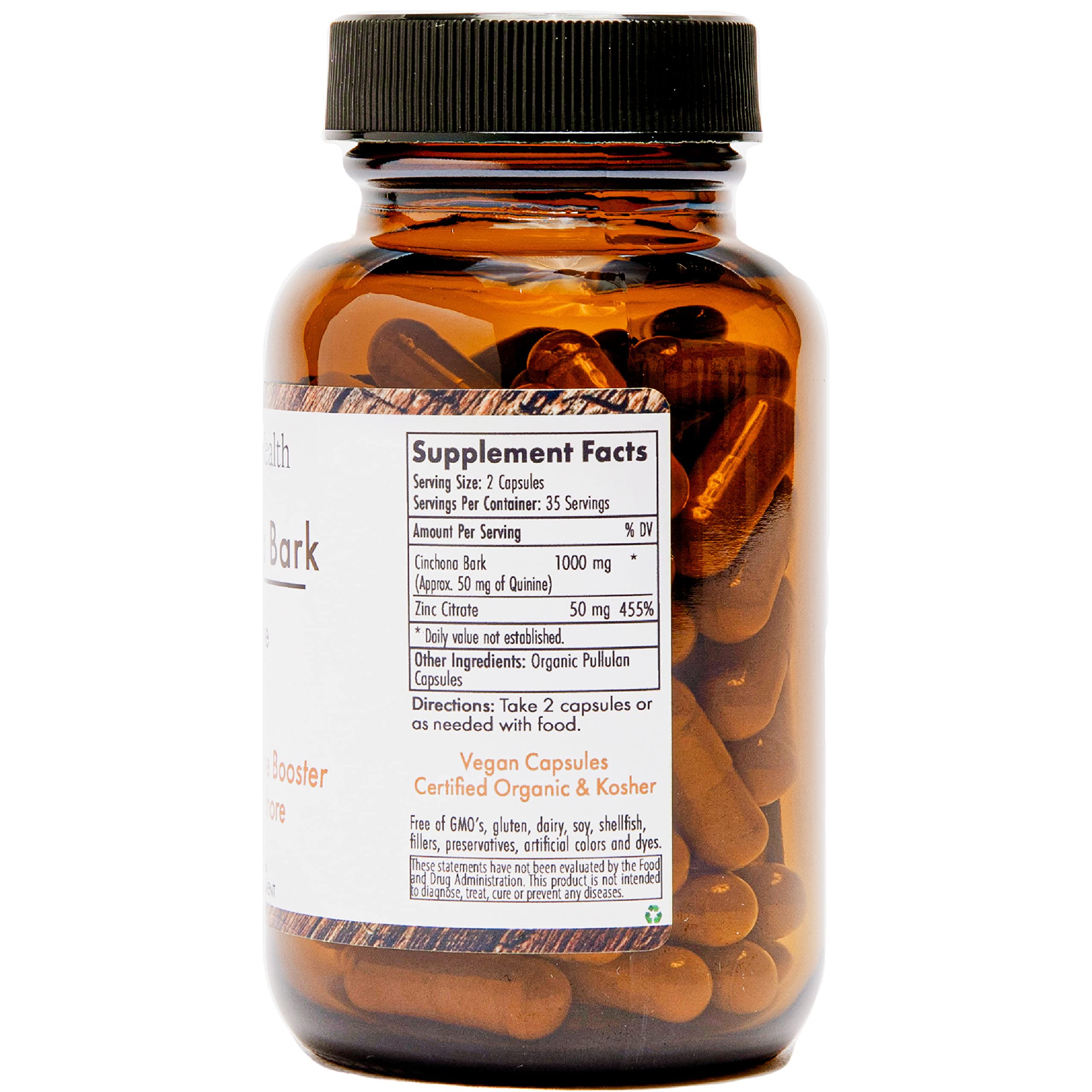 Quinine for Leg Cramps Defense, Restless Legs Relief - Organic Quinine with Zinc 50mg - Cinchona Bark Herbal Supplement for Muscle Cramp, Immune and Digestive - 70 Vegan Capsules - Organica Health