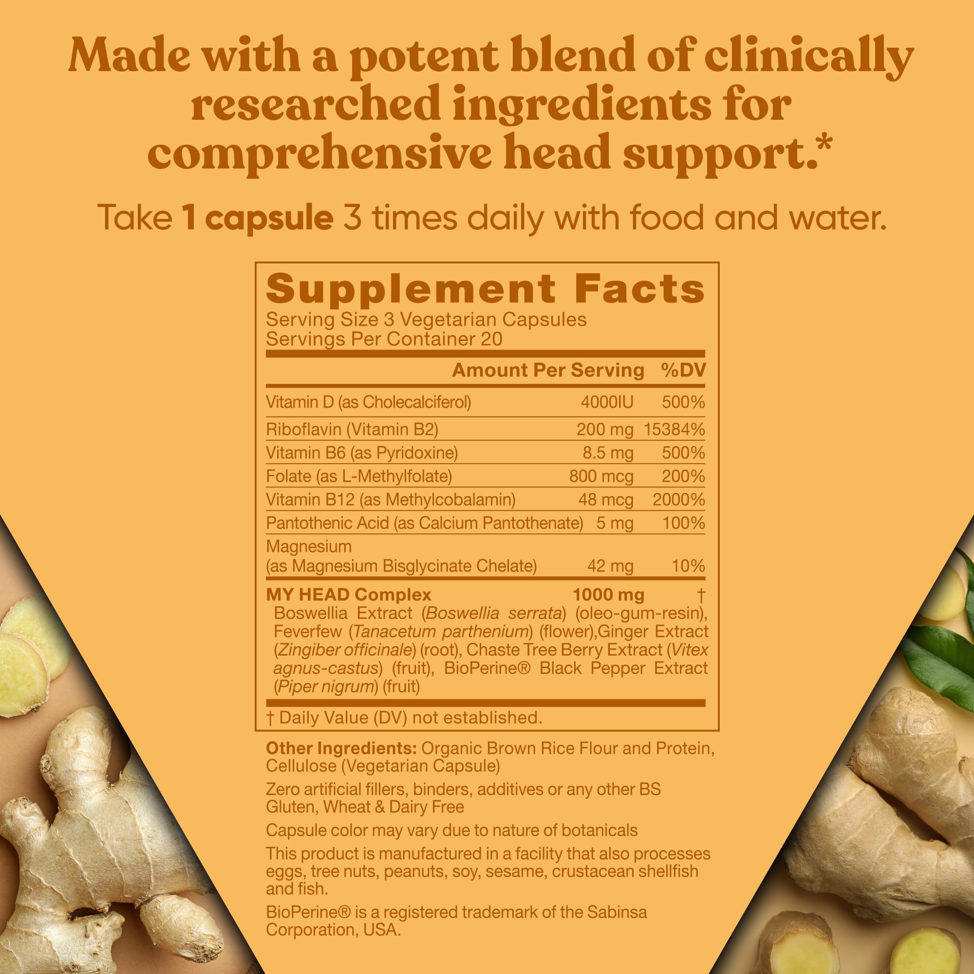 My Head! Headache Vitamins - Sensitivity, Tension, Comfort, Healthy Head Function for A Clear Mind - Fast acting Magnesium, Feverfew, Boswellia, Vitamin D, Ginger, & More - 60 Soft Capsules