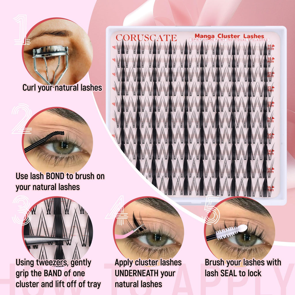 CORUSCATE Cluster Lashes Manga Individual Eyelashes Natural Look Lashes Individual Cluster Anime Spiky Eyelash Clusters 10-16mm DIY Wet Look Lash Extension Japanese Style Manhua Lashes Wispy
