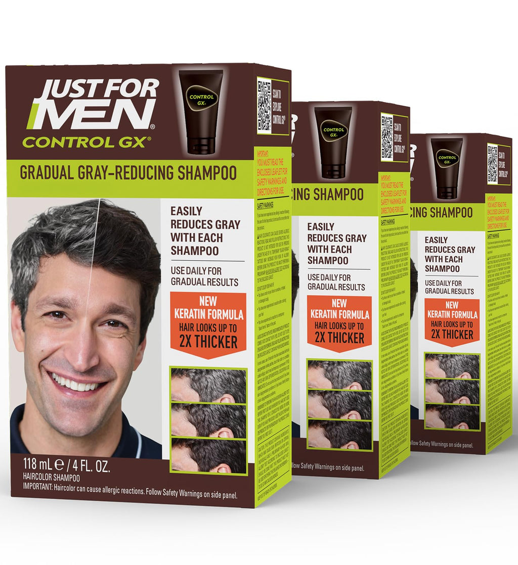 Just for Men Control GX Grey Reducing Shampoo, Gradual Color with Keratin for Stronger Thicker and Healthier Looking, 4 Fl Oz - Pack of 3
