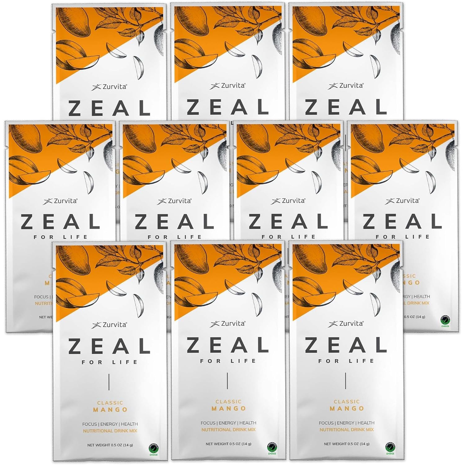 Zurvita - Zeal for Life Wellness Drink Mix - Classic Mango Flavor - Gluten-Free, Vegan, with Biotin, Vitamins and Minerals for Health - 10 Packets