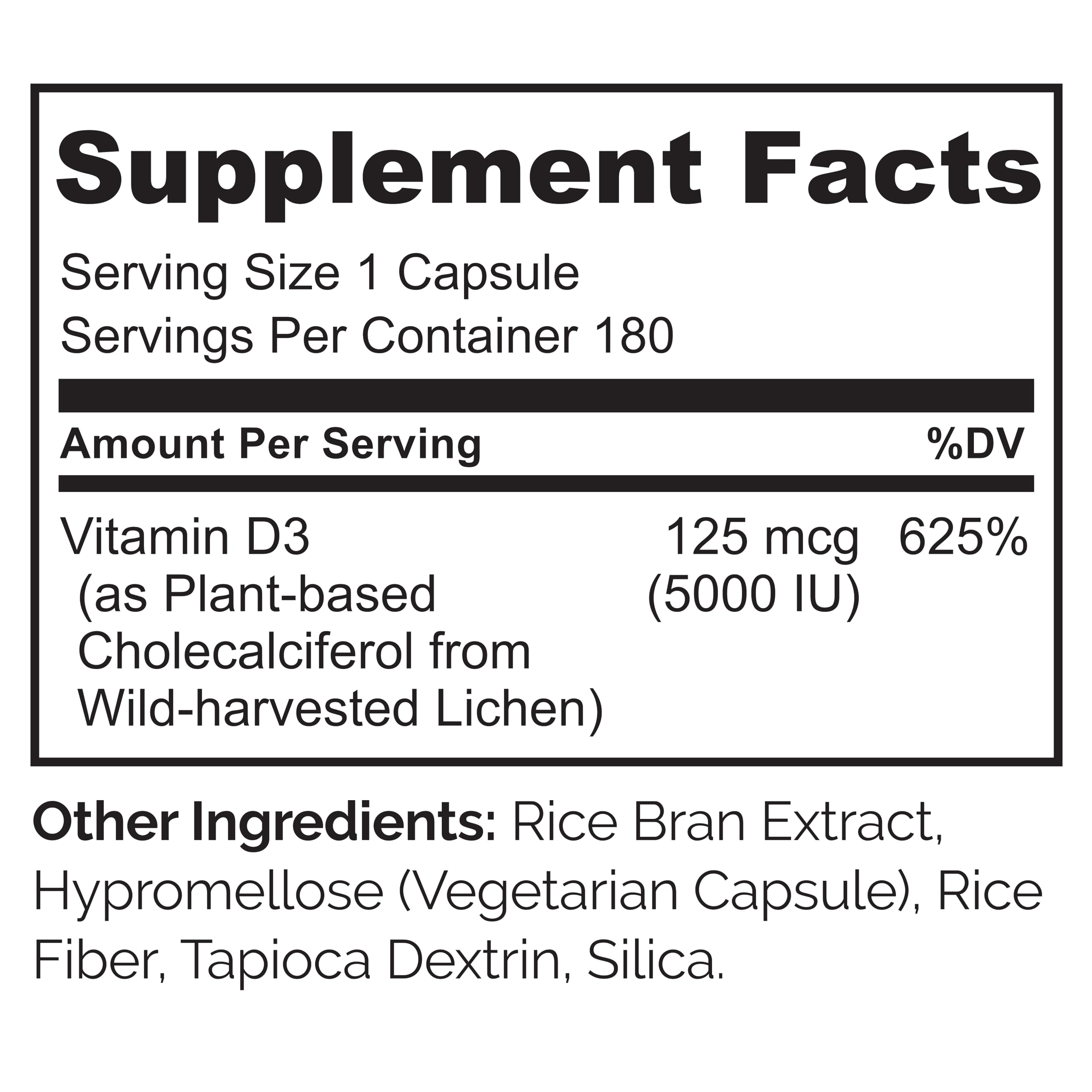 NATURELO Vitamin D - 5000 IU - Plant Based from Lichen - Natural D3 Supplement for Immune System, Bone Support, Joint Health - High Potency - Vegan - Non-GMO - Gluten Free - 180 Capsules