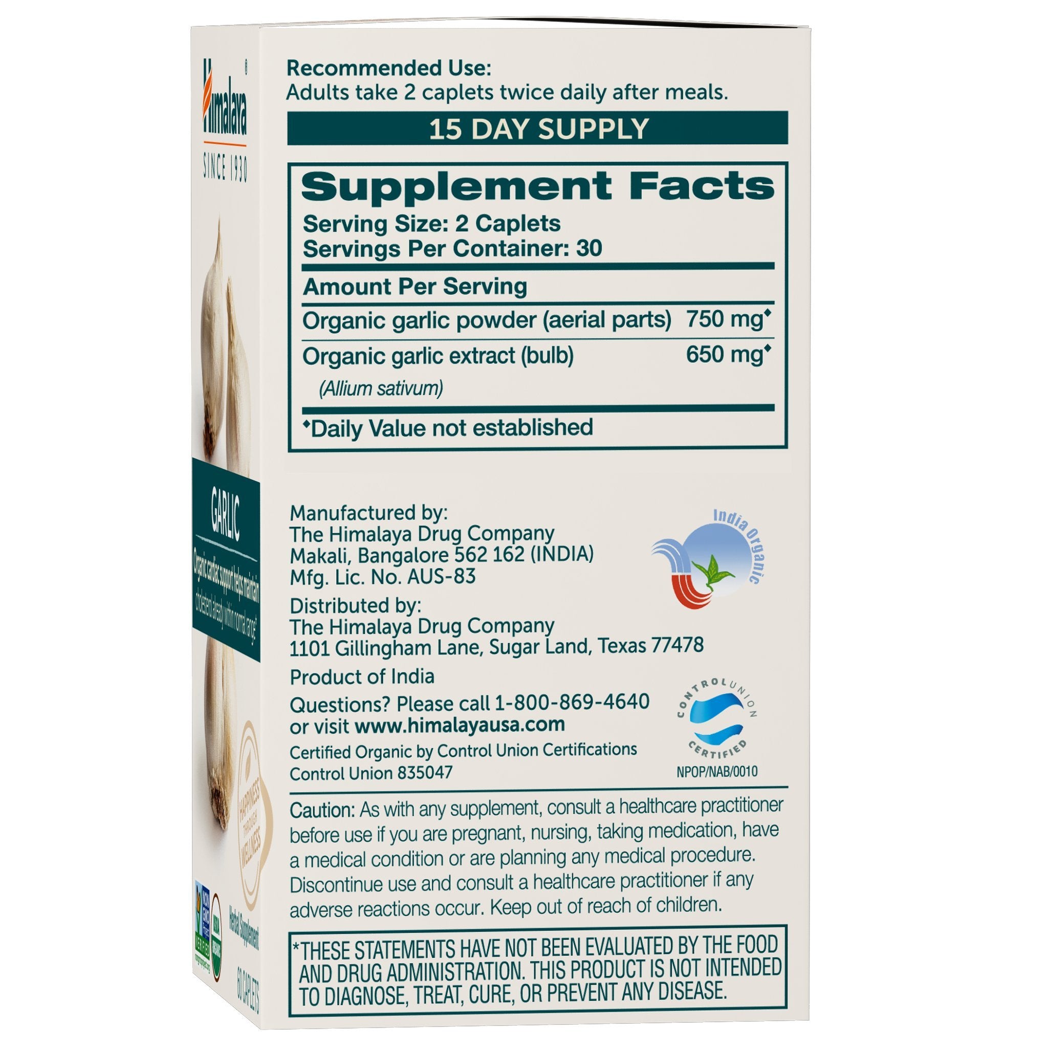 Himalaya USDA Organic Garlic Capsules-Herbal Garlic Supplements for Lipid Metabolism and Immune Support-Garlic Pills,Garlic Extract,Support Cholesterol Levels,Vegan,Non-GMO,1400 mg,120 Caplets
