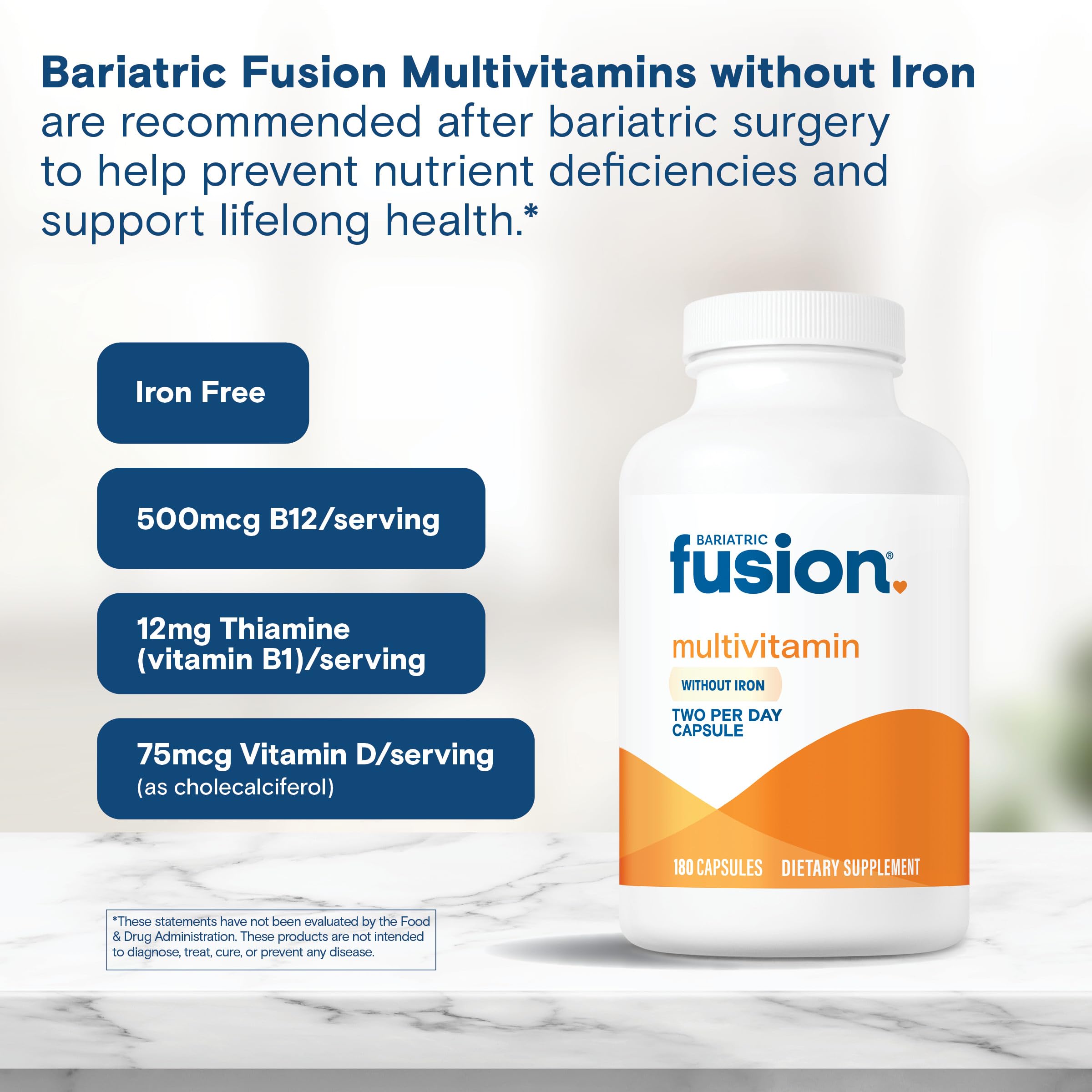 Bariatric Fusion Bariatric Multivitamin Without Iron | Post Bariatric Surgery Patients | Iron Free Bariatric Vitamin for Gastric Bypass and Sleeve Gastrectomy | 180 Capsules | 3 Month Supply