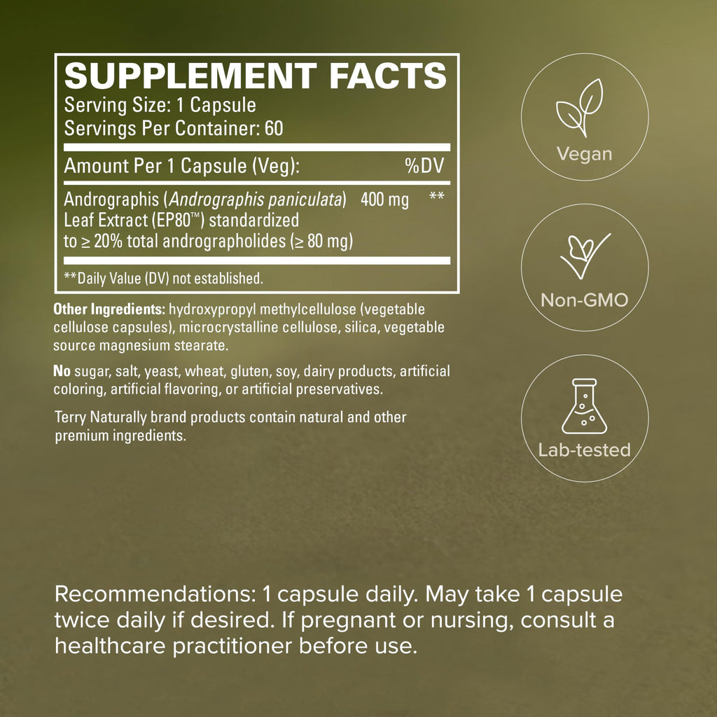 Terry Naturally Andrographis EP80 Extra Strength - Brain Health & Immune Support - Joint Health Supplement to Aid Mobility - Vegan Adaptogen Supplement for Energy & Liver Support - 60 Capsules