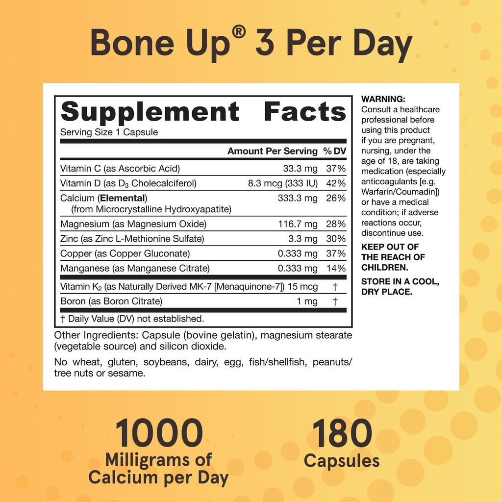 Jarrow Formulas BoneUp Three Per Day for Bone Density and Skeletal Nutrition, Includes Vitamin D3, K2 (as MK-7) and Calcium, 180 Capsules, 60 Day Supply