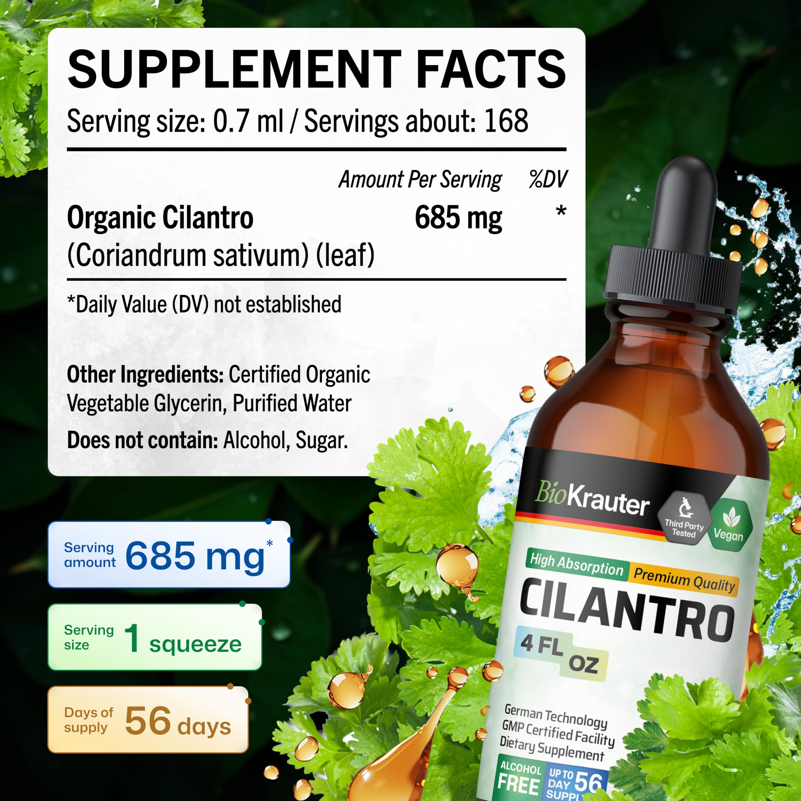 BIO KRAUTER® Cilantro for Detox Cleanse - Vegan Antioxidant Supplement, Natural Cilantro Tincture 650 mg per Serving - Liquid Coriander Leaf Supplement, Alcohol & Sugar Free, 4 Fl.Oz 56-Day Supply