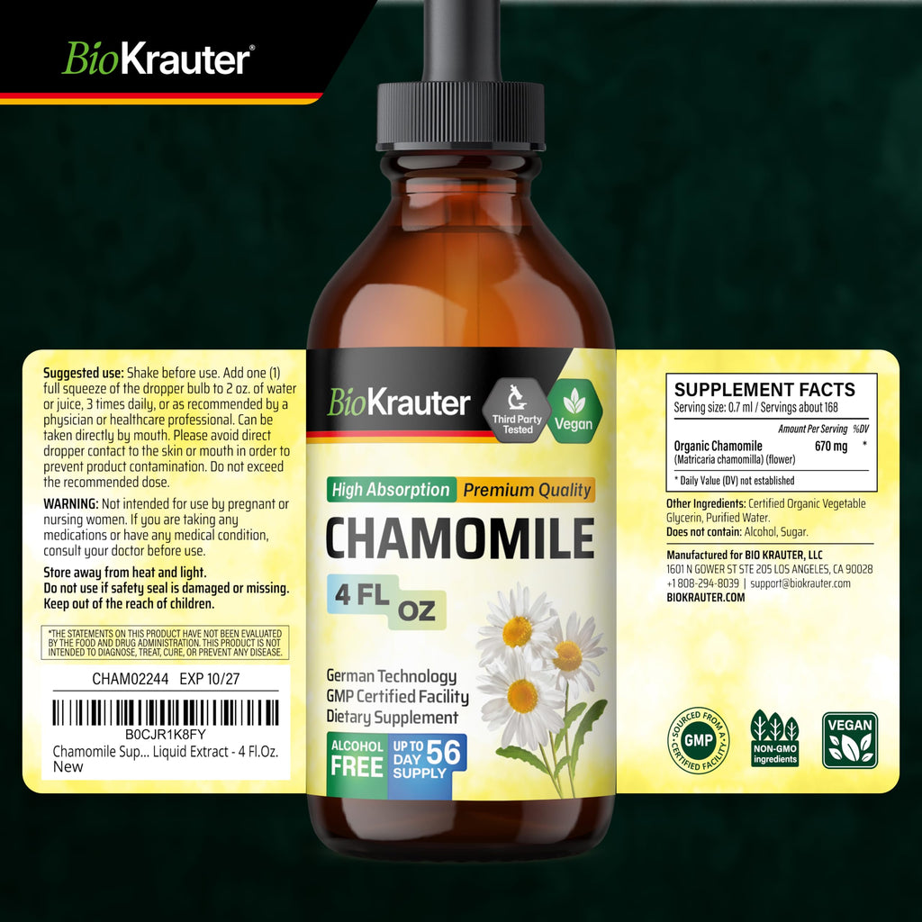 BIO KRAUTER® Chamomile Extract for Sleep Support - Natural Calm Liquid Drops Used for All Ages - Chamomile Supplement for Relax - 670 mg per Serving 4 Fl.Oz, 56-Day Supply, Alcohol & Sugar Free