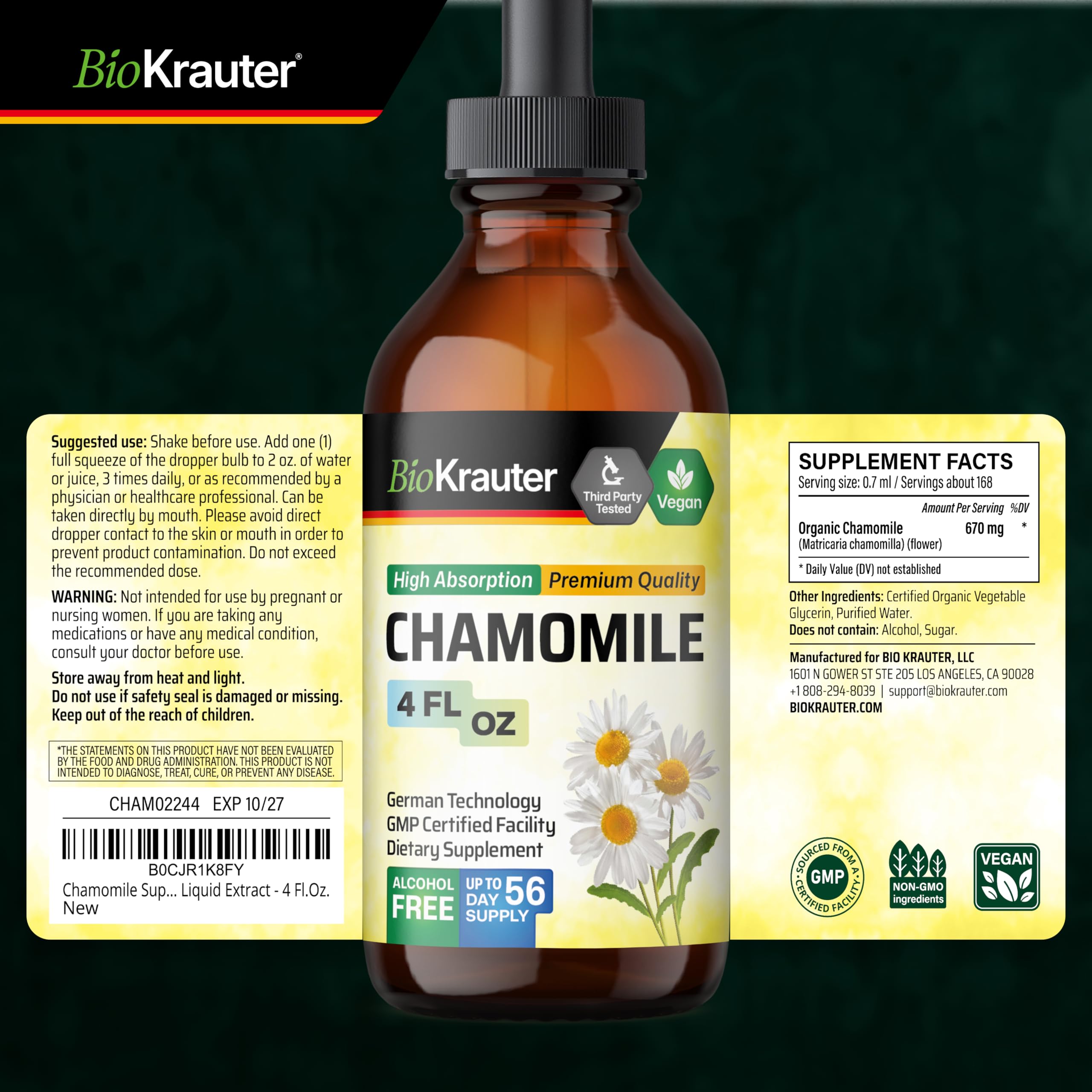 BIO KRAUTER® Chamomile Extract for Sleep Support - Natural Calm Liquid Drops Used for All Ages - Chamomile Supplement for Relax - 670 mg per Serving 4 Fl.Oz, 56-Day Supply, Alcohol & Sugar Free