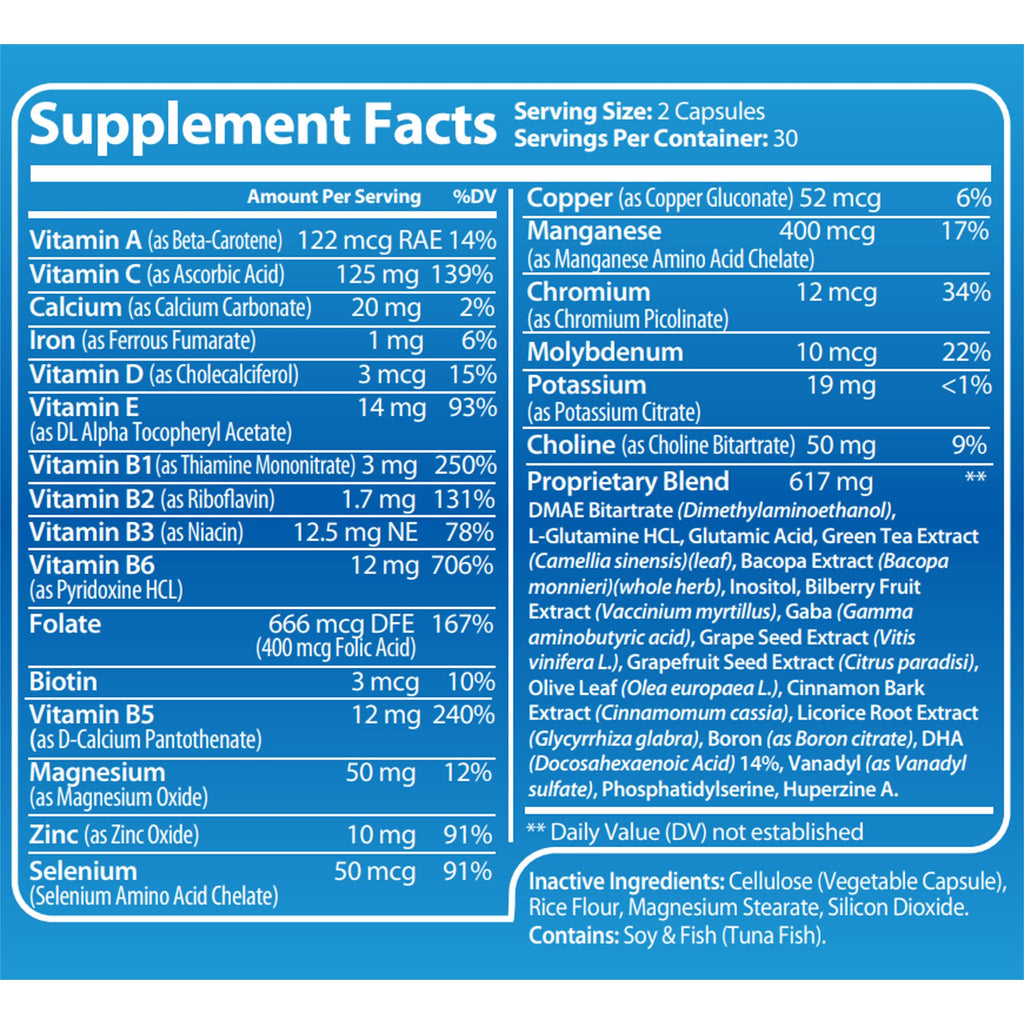 Brain Support Supplement for Clarity, Memory, Mood, Focus, Mental Performance - Natural Nootropic for Cognitive Function - with GABA and Green Tea Extract - 60 Capsules