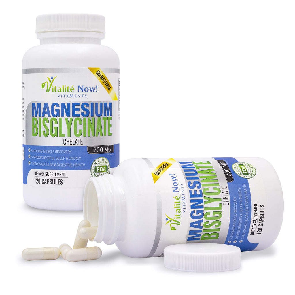 Vitalité Now! Magnesium Bisglycinate 200mg - 100% Chelated Capsules for Superior Absorption - Gentle Formula, No Laxative Effect - Sleep Energy Cramps Muscle Support - Fully Reacted & Buffered