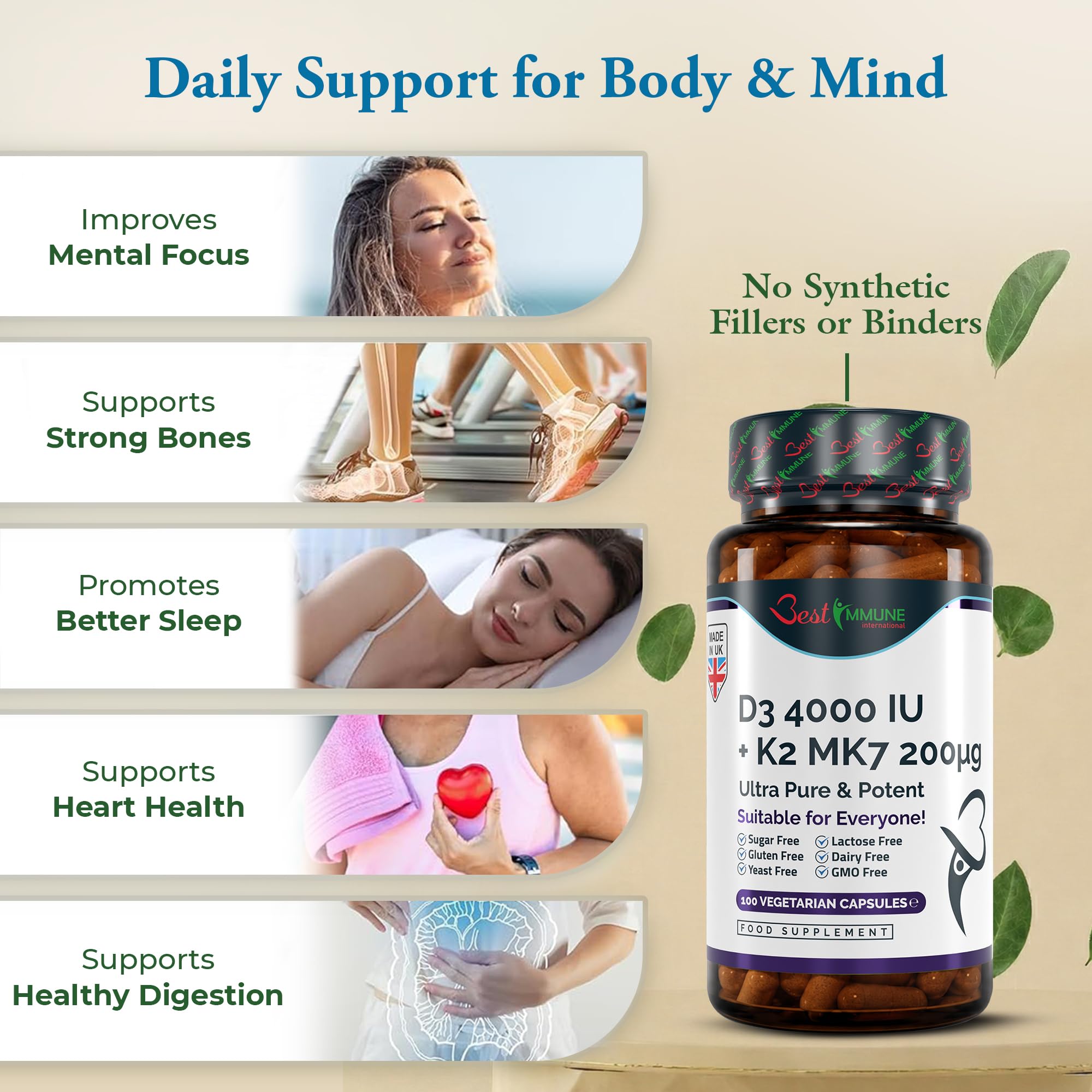 Best Immune, Vitamin D3 4000 IU & MK7 200 mcg Supplement, 100 Vegetarian Capsules