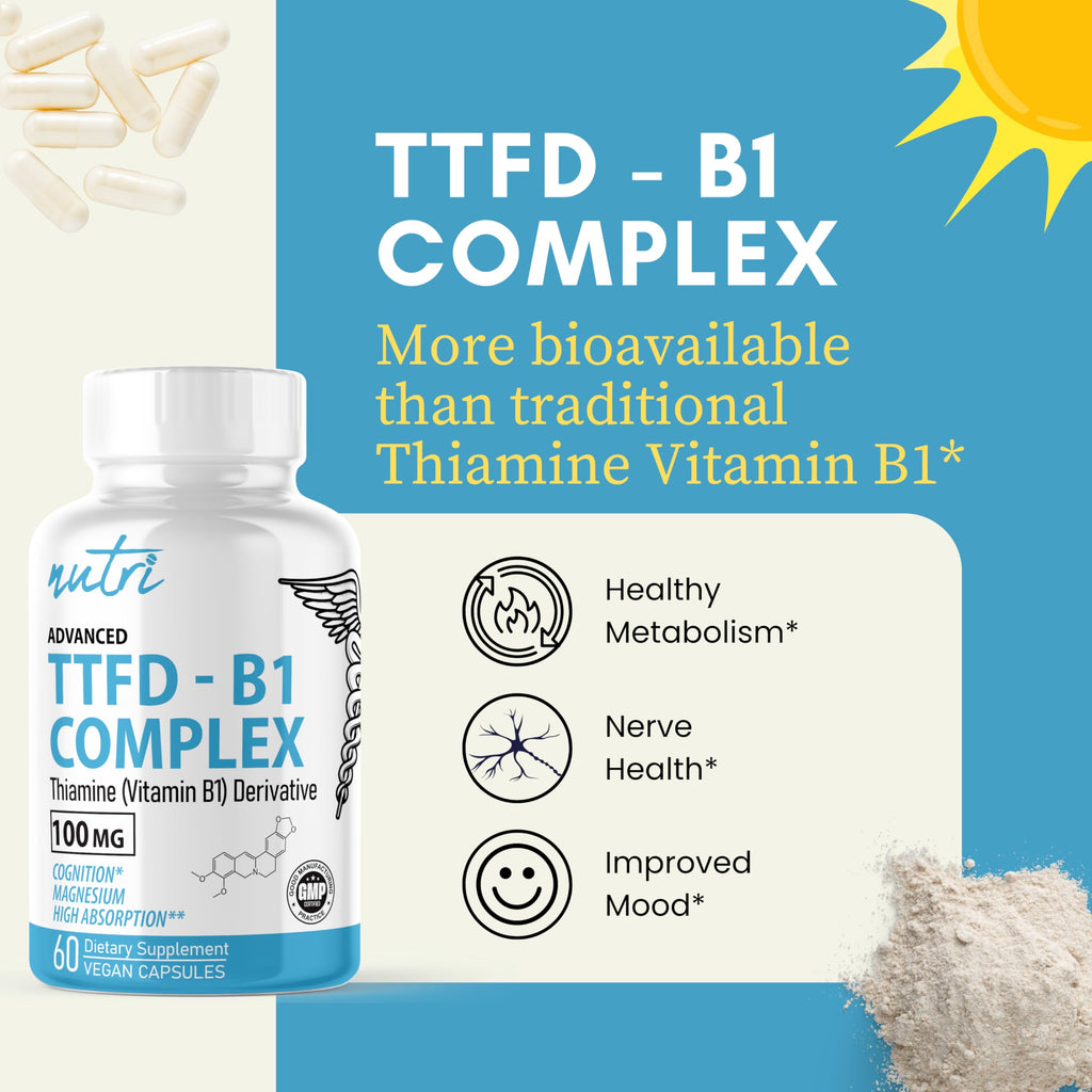 Nature's Fusions TTFD Thiamine B1 Supplement - 100mg 60 Servings - with 8mg Magnesium - No Toxic Fillers - TTFD Thiamine Tetrahydrofurfuryl Disulfide - Third Party Lab Tested - Nutri Supplements