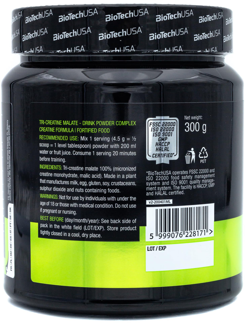 BioTechUSA Tri Creatine Malate | 4500mg Triple Creatine Compound | Gluten Free | for Enhanced Physical Performance in High-Intensity Workouts, 300g