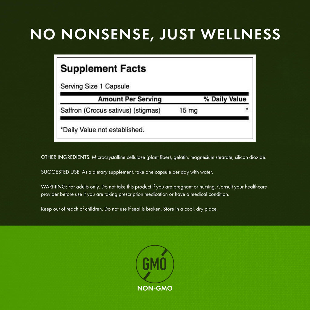Swanson Full Spectrum Organic Spanish Saffron Mood and Stress Support Supplement for Adults Seeking Natural Relaxation - Whole Ground Stigmas (60 Vegan Capsules, 15 mg, 2 Pack)