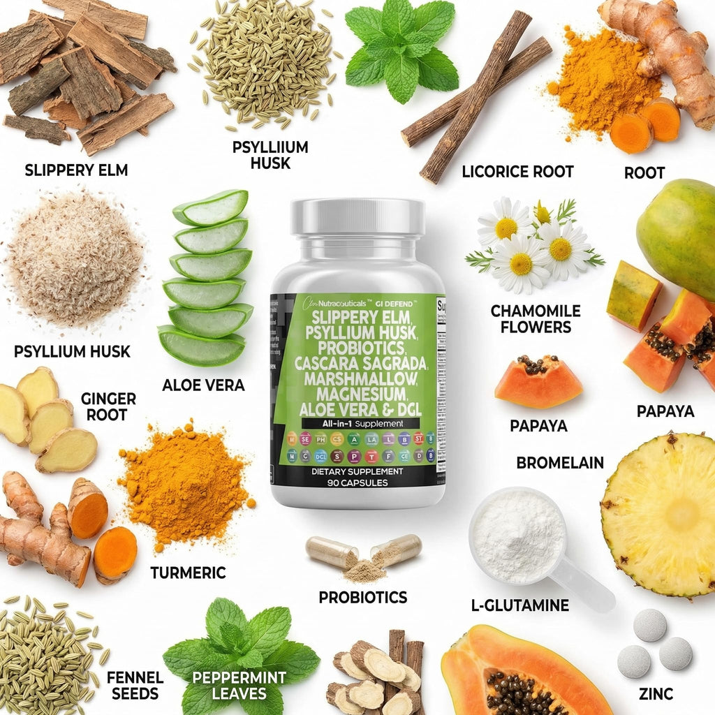 Clean Nutraceuticals Slippery Elm Psyllium Husk Pre Probiotic Digestive Gut Health Supplement with Aloe Vera Cascara Sagrada Marshmallow Root DGL Licorice Senna Extract