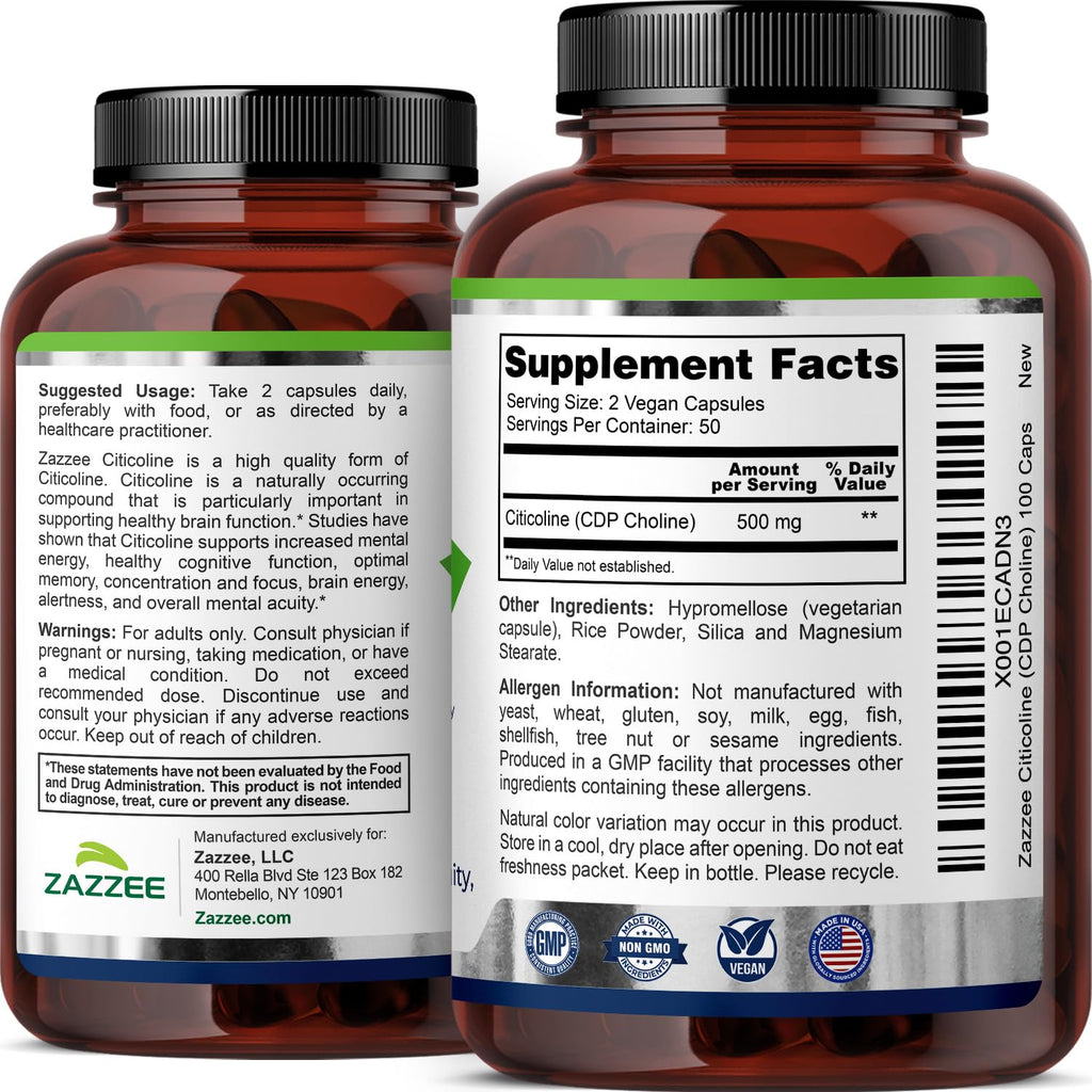 Zazzee Extra Strength Citicoline, 500 mg per Serving, 100 Vegan Capsules, Superior CDP Choline Form, 100% Vegetarian and Pharmaceutical Grade, 50-Day Supply, All-Natural and Non-GMO